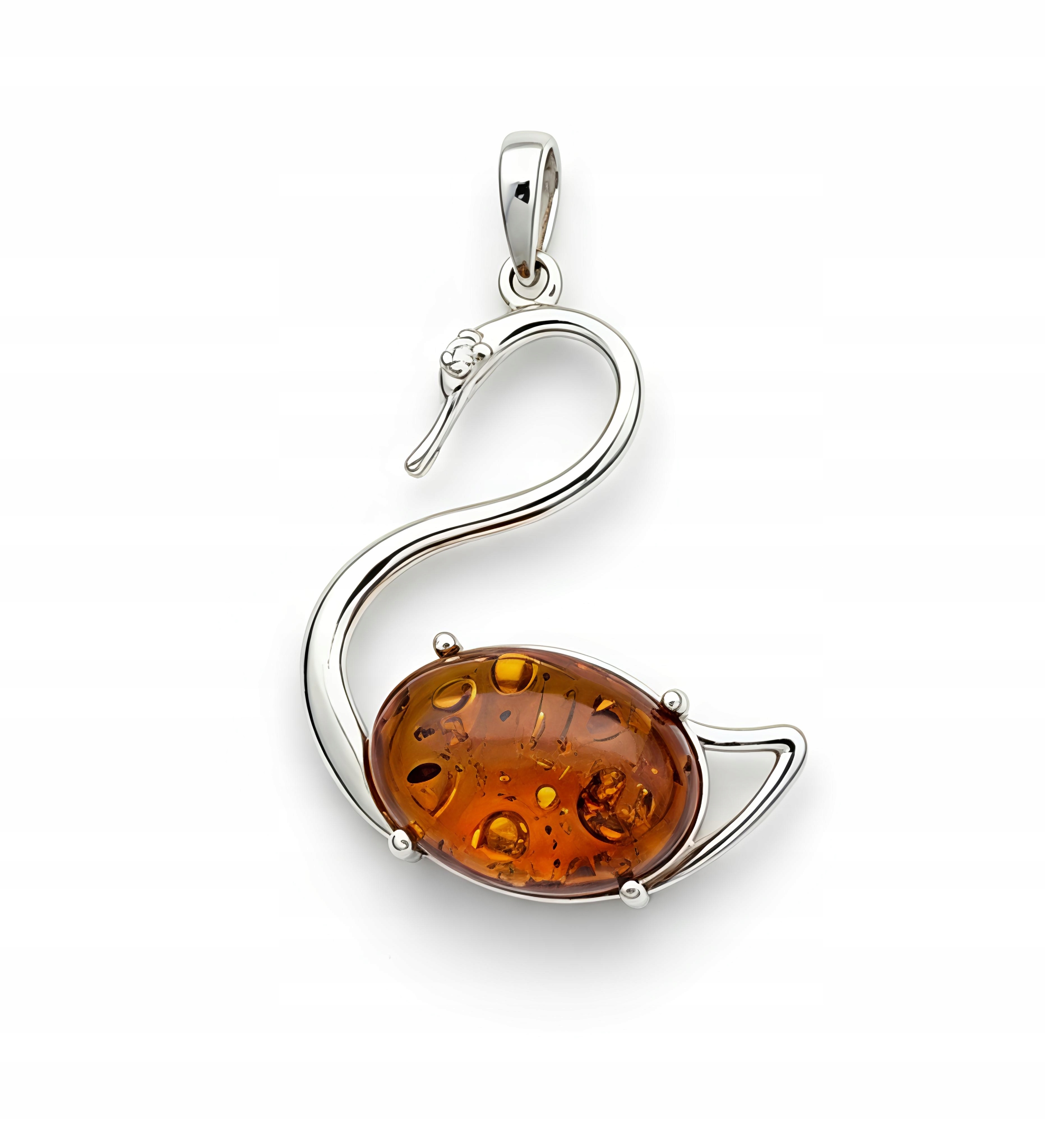 Stříbrný přívěsek Labuť s koňakovým jantarem Certifikát Krabička