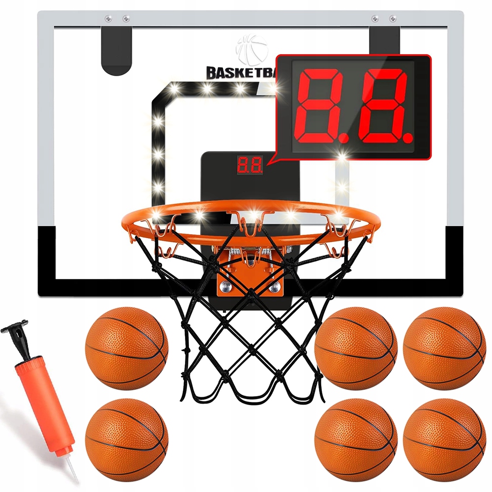 Basketbalová tabule pro děti, elektronická výsledková tabule s podsvícením, 6 míčků, 40x30cm