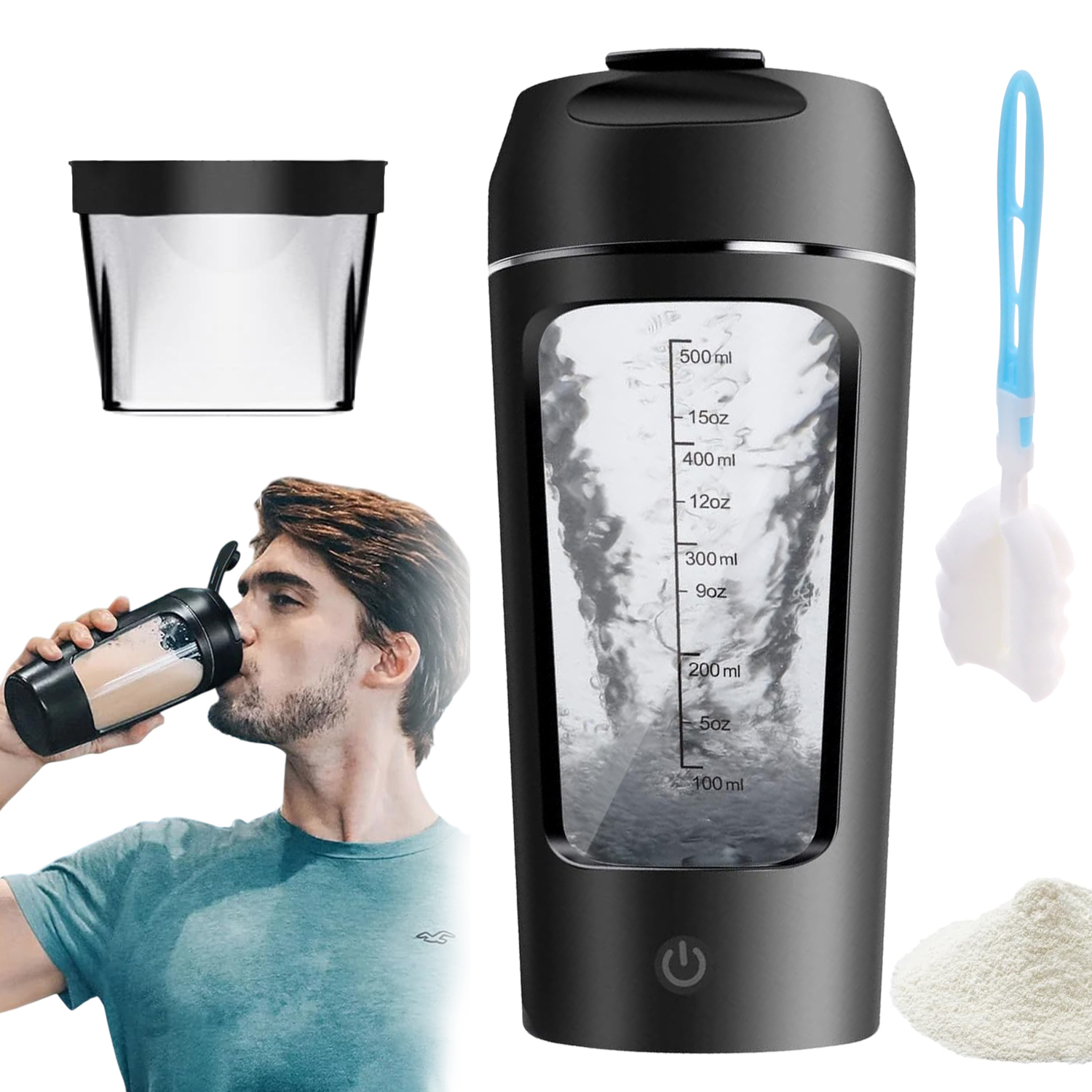 Elektryczny Shaker Szejker 650ML Do Odżywek Bidon Na Białko Szczelny Czarny