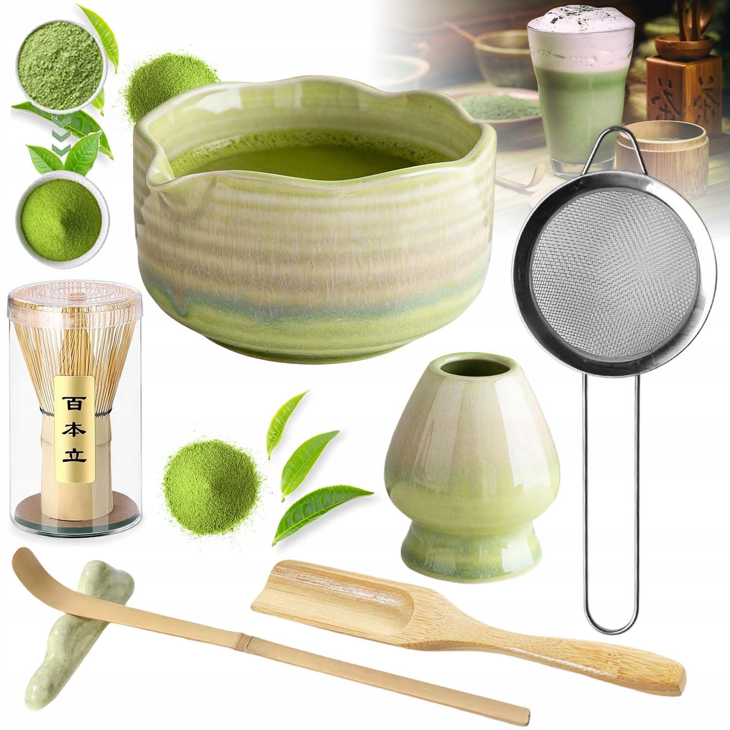 Ceramika Zestaw Do Robienia Matchy Trzepaczka Łyżka Przesiewacz Matcha 7W1