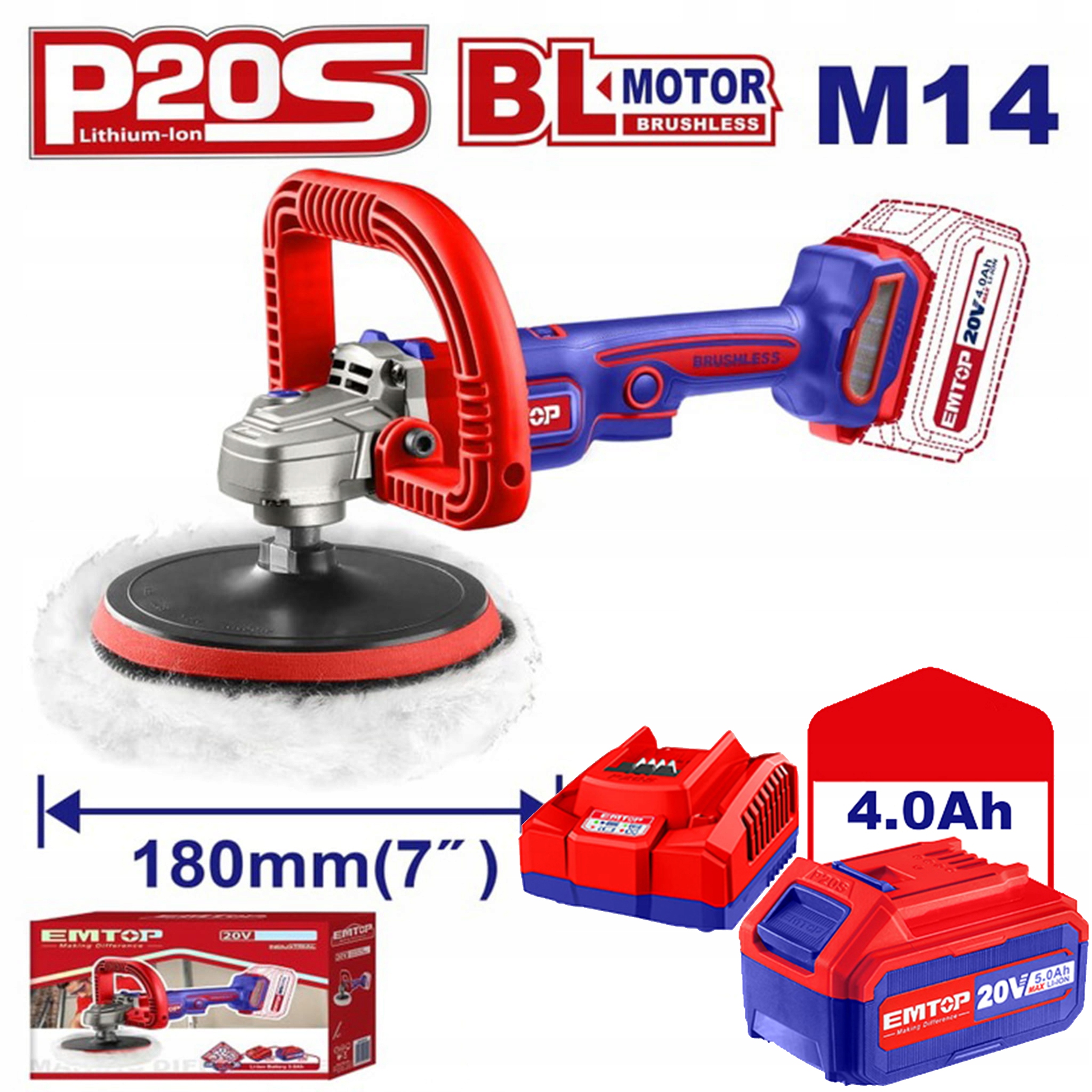 Akumulátorová leštička 180 mm 20 V P20S ELAP2018 Emtop sada akumulátorového nabíjania