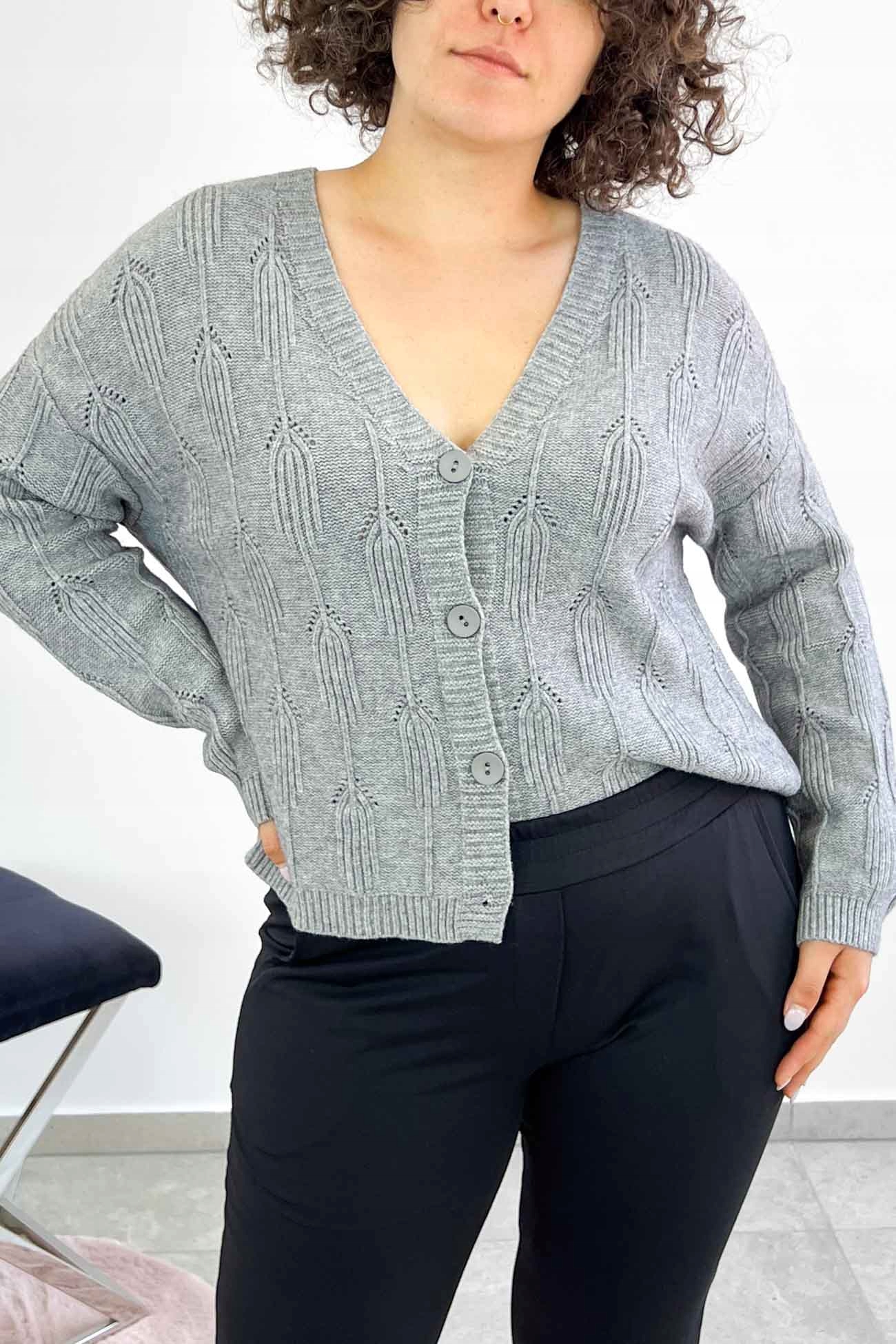 Dámský svetr se zapínáním na Knoflíky s výstřihem do V, popelavý, Uni