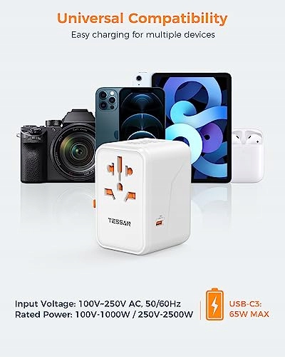 TESSAN Adapter Podróżny 65W GaN Szybkie Ładowanie USB i USB C Uniwersalny — miniatura 6