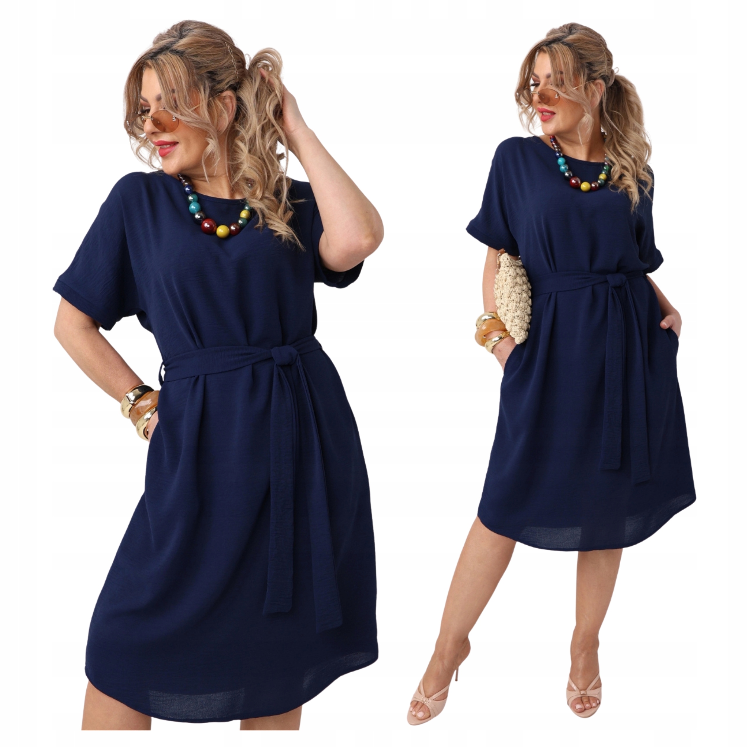 Luźna Sukienka Z Wiązaniem Duże Rozmiary Polski Producent Z Guzikami Z Tyłu