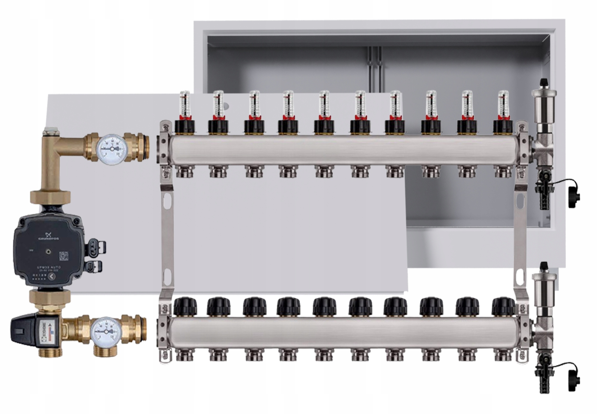 Nerezový rozdělovač pro podlahovku 10 podomítkový box Čerpadlo Grundfos