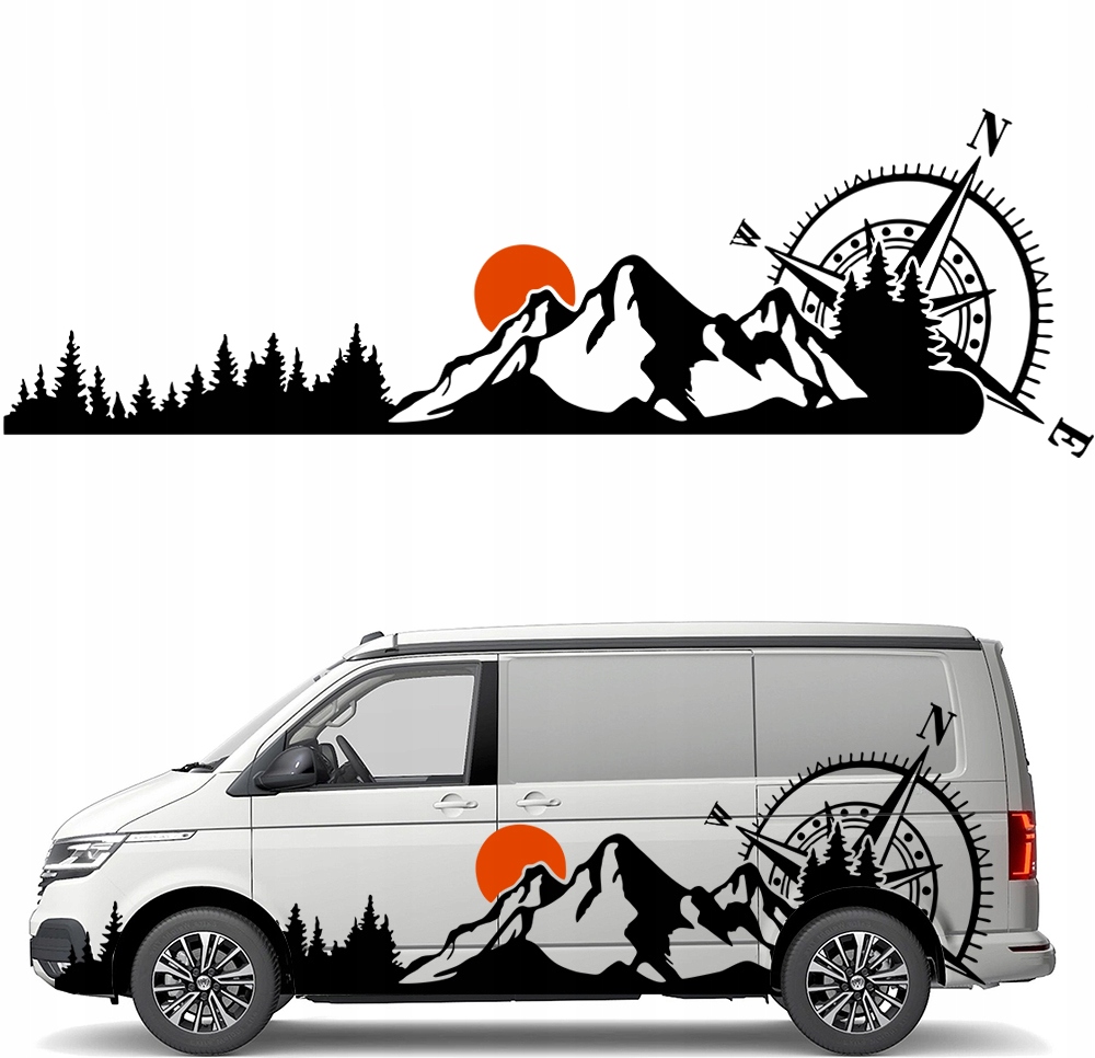 Samolepka Grafika na karavan Přívěs Hory Kompas Růže Větrů Les 43x135