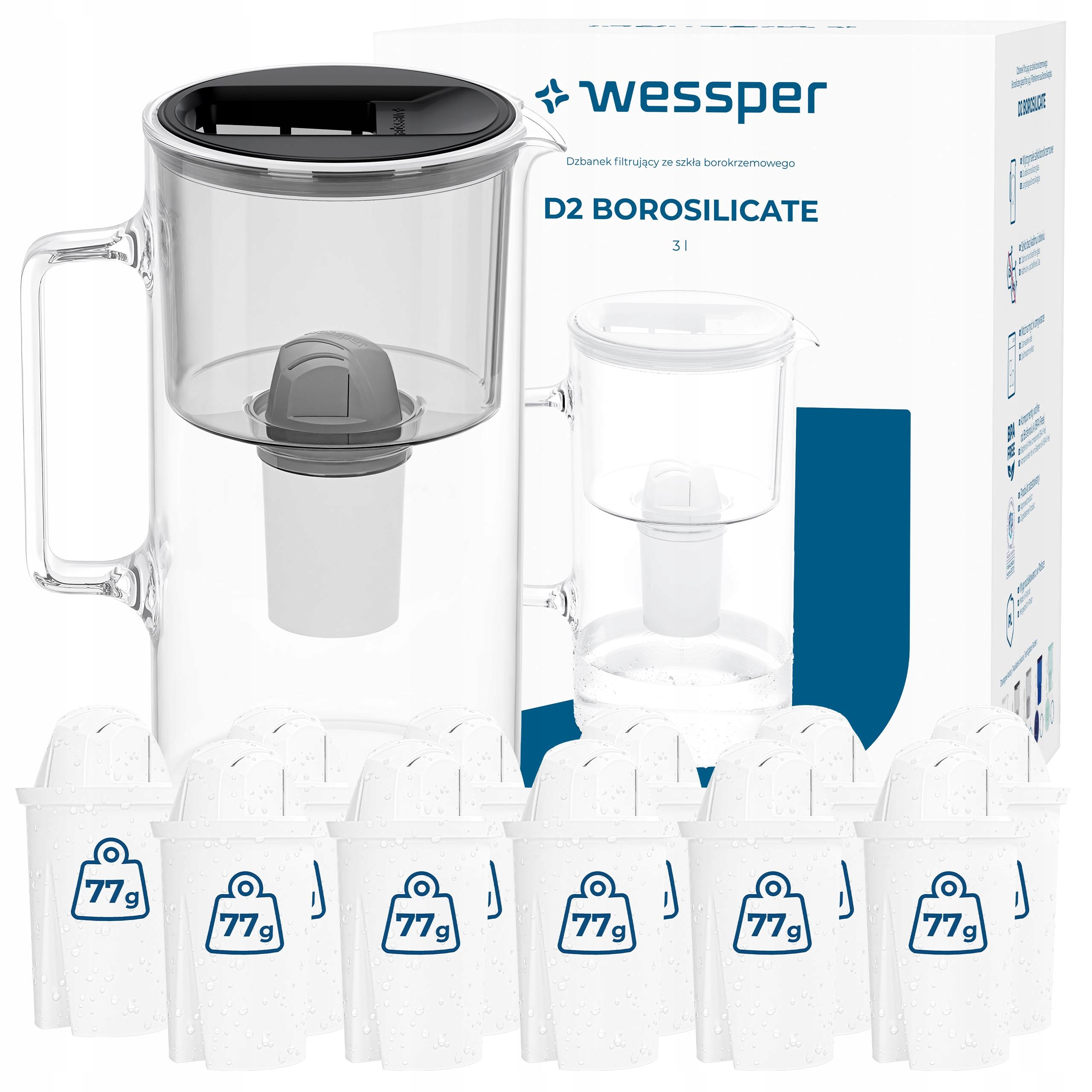 Skleněný Džbán Wessper D2 Borosilicate 3l 12x Filtr Wessper aquaclassic