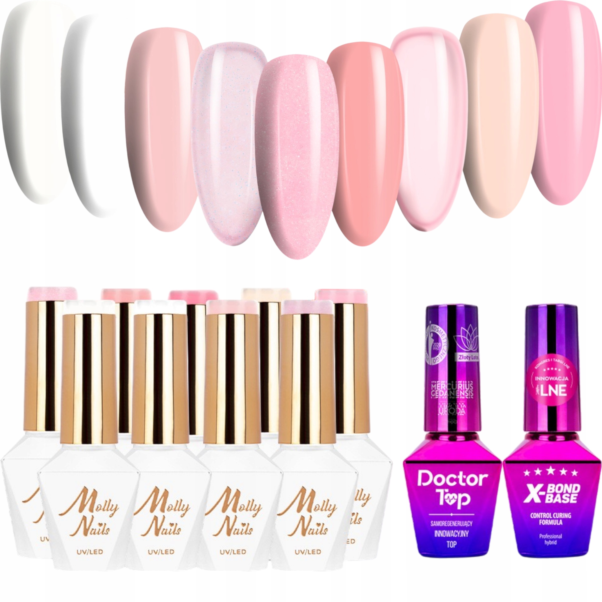 9x Hybridní lak Mollynails 8g Wedding Yes I Do Báze Top Set