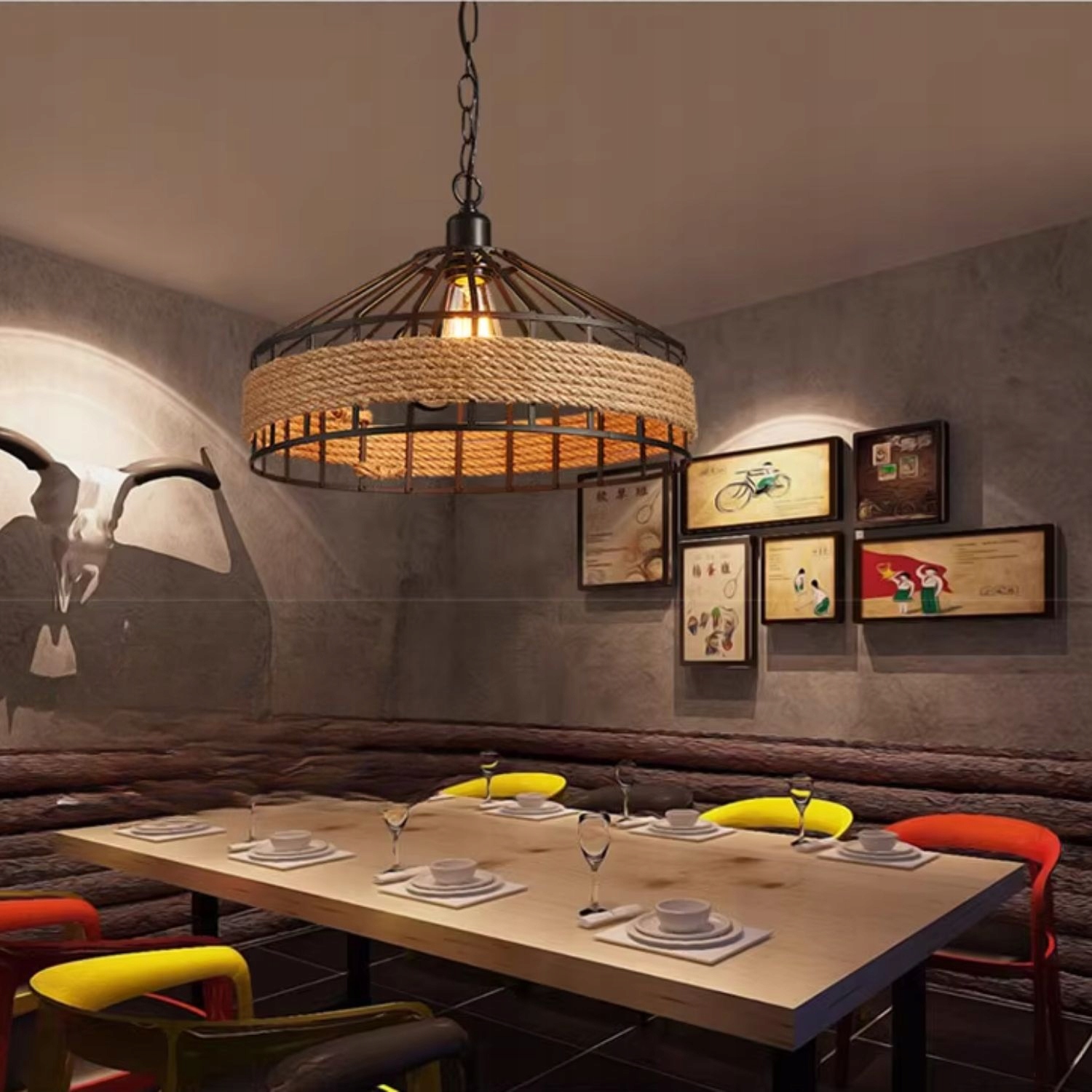 Stropní svítidlo z konopného lana na řetězu – průměr 40 cm