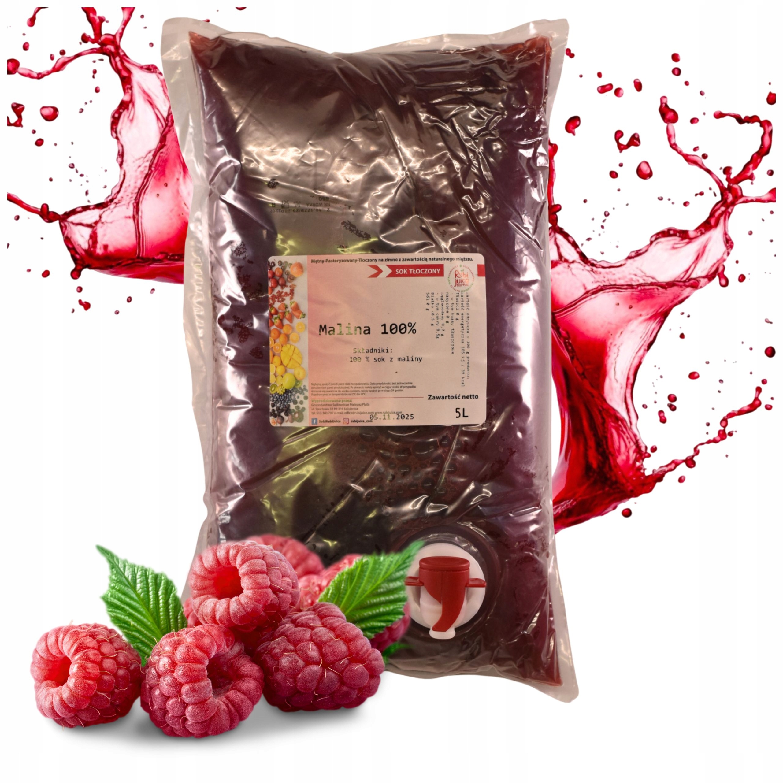 Sok Z Malin 100% Malina Tłoczony Malinowy Nfc Naturalny Bez Cukru 5L