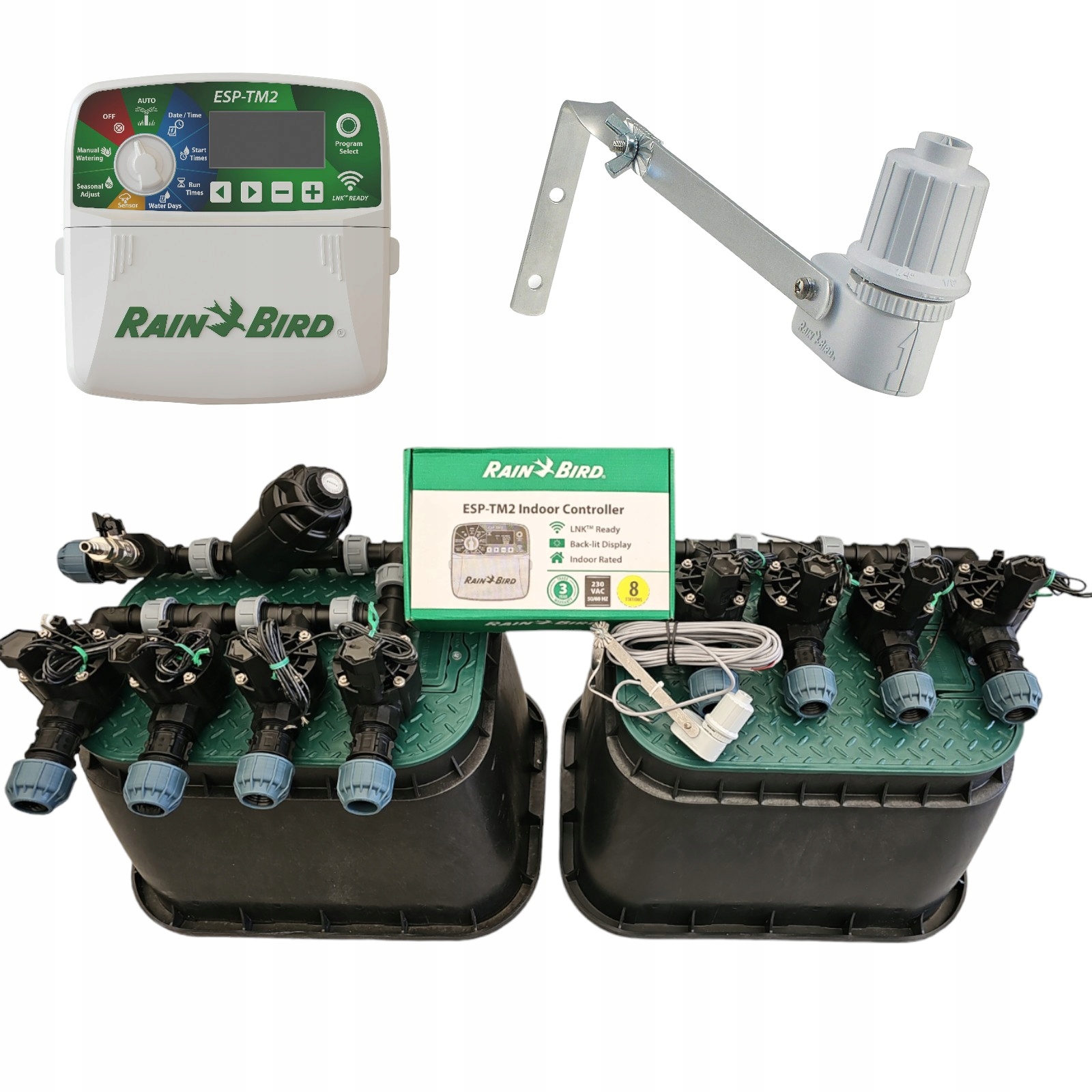 Zestaw Rain Bird Hv 8 sekcji z filtrem Sterownik TM2 Czujnik deszczu Pe 32