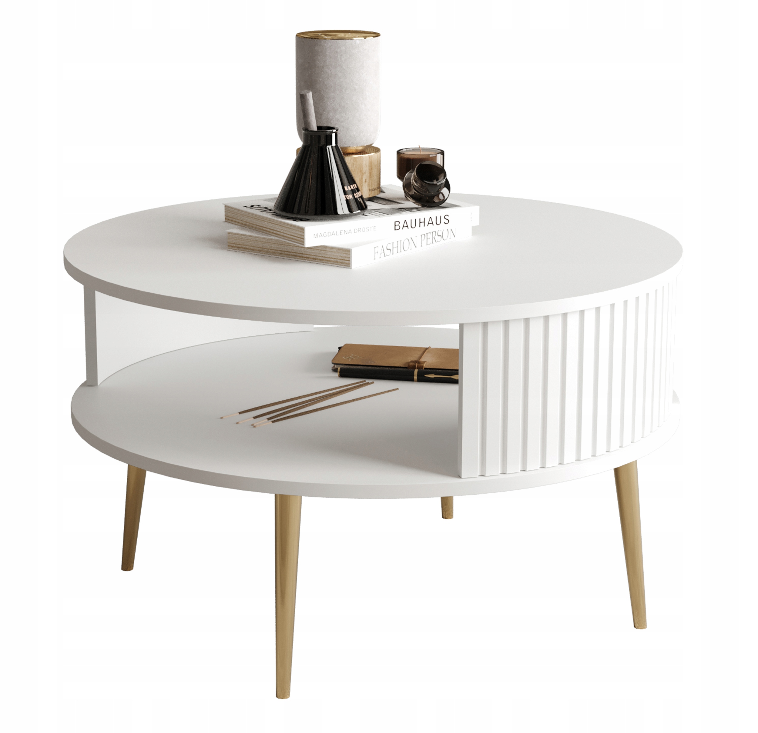 Kávový stolek Piviano kulatý 76 cm bílý se zlatými lamelami