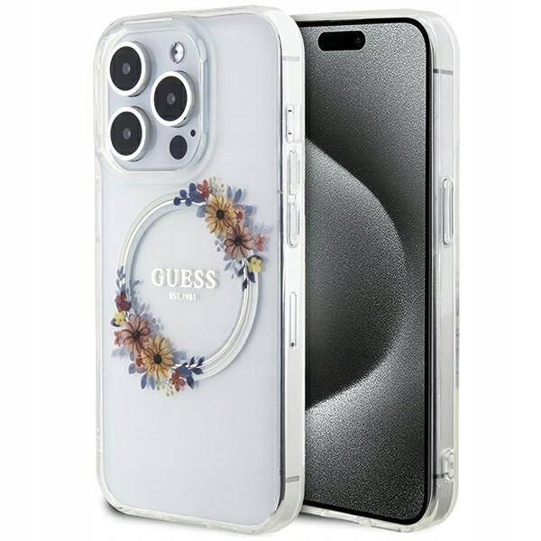 Etui Guess IML Flowers Wreatch MagSafe na iPhone 15 Pro Max przezroczyste