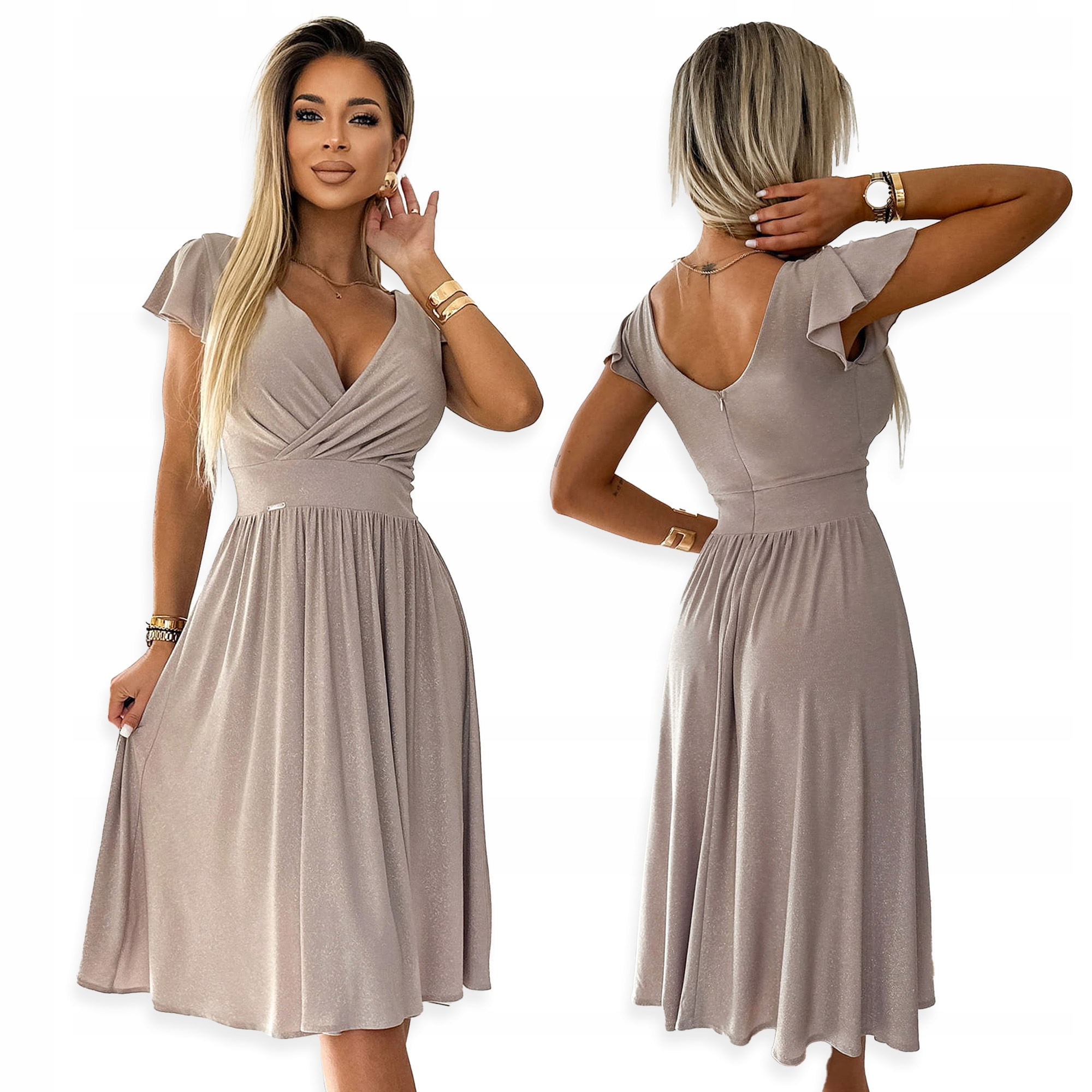 Matilde Šaty s výstřihem a krátkým rukávem Béžová se třpytkami Xs