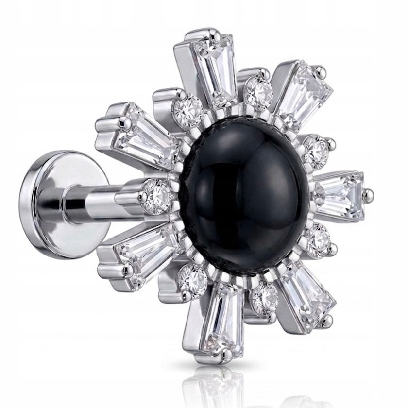 Titanový stříbrný Labret Slunce černý Onyx a zirkony 1,2/6 mm Astm F136 G23