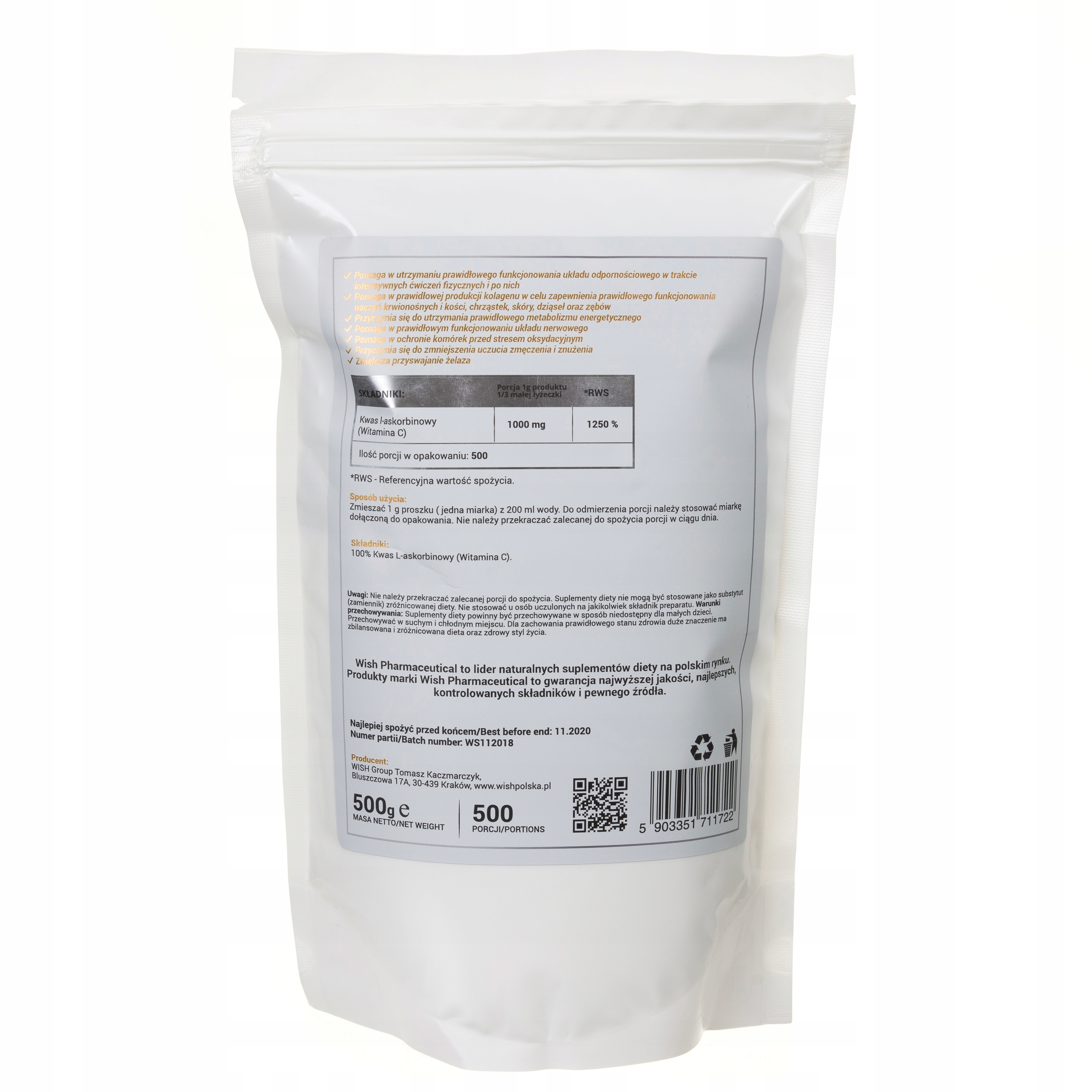 VITAMIN C 1000mg 500g PROSZEK Kwas L-Askorbinowy ODPORNOŚĆ ANTYOKSYDANT — 4