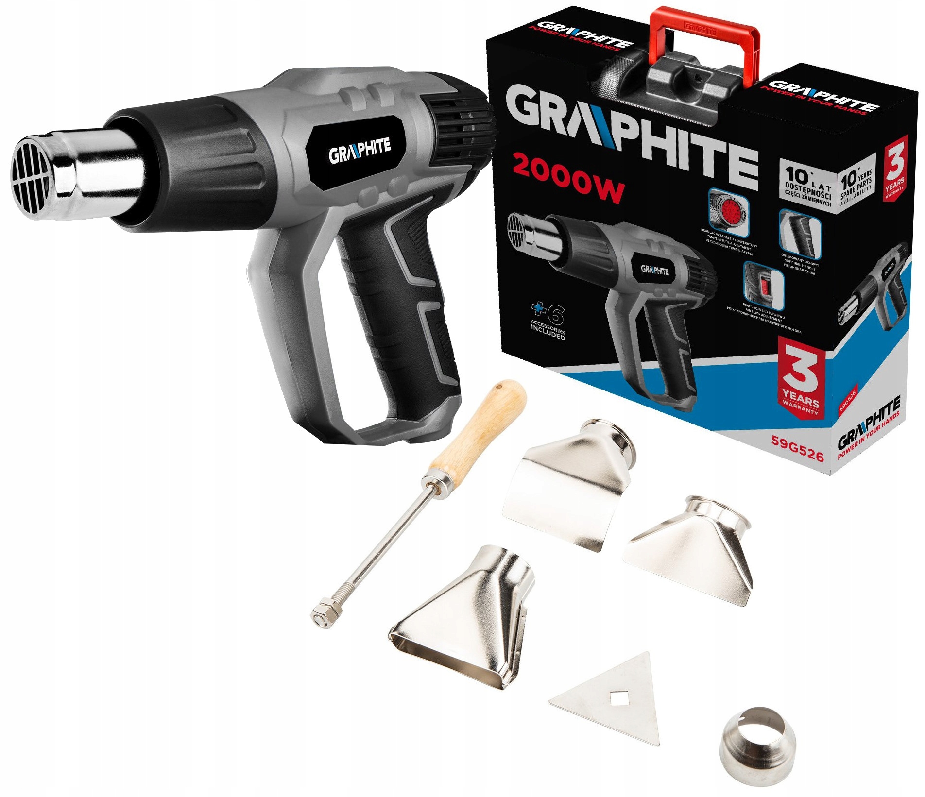 Horkovzdušná Pistole 2000 W 2000 W v kufru s příslušenstvím 550 °C Graphite