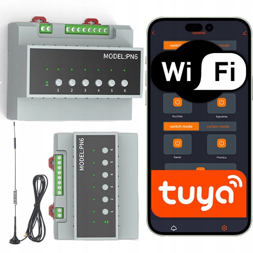 6-kanálový Wi-Fi relé na Din lištu s anténou (in/out)