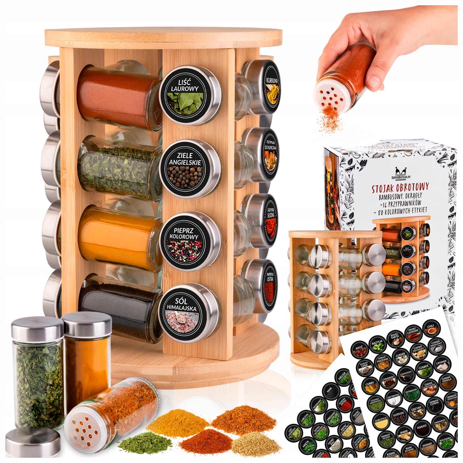 Przyprawnik 16x Słoiczki Na Przyprawy Stojak Obrotowy Bambus 80x Naklejki