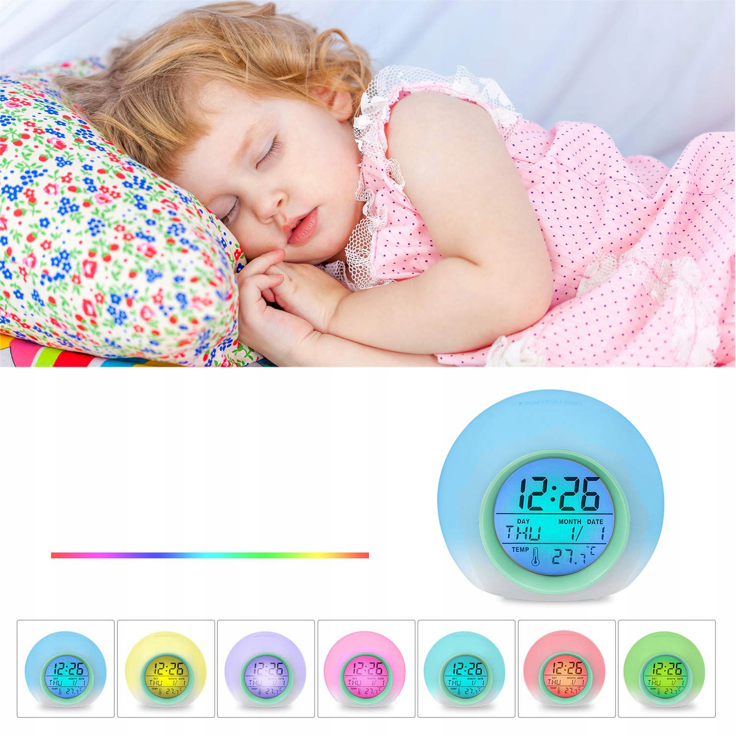 BUDZIK ZEGAR TERMOMETR LAMPKĄ NOCNĄ LCD 7 KOLOR Marka Bedee