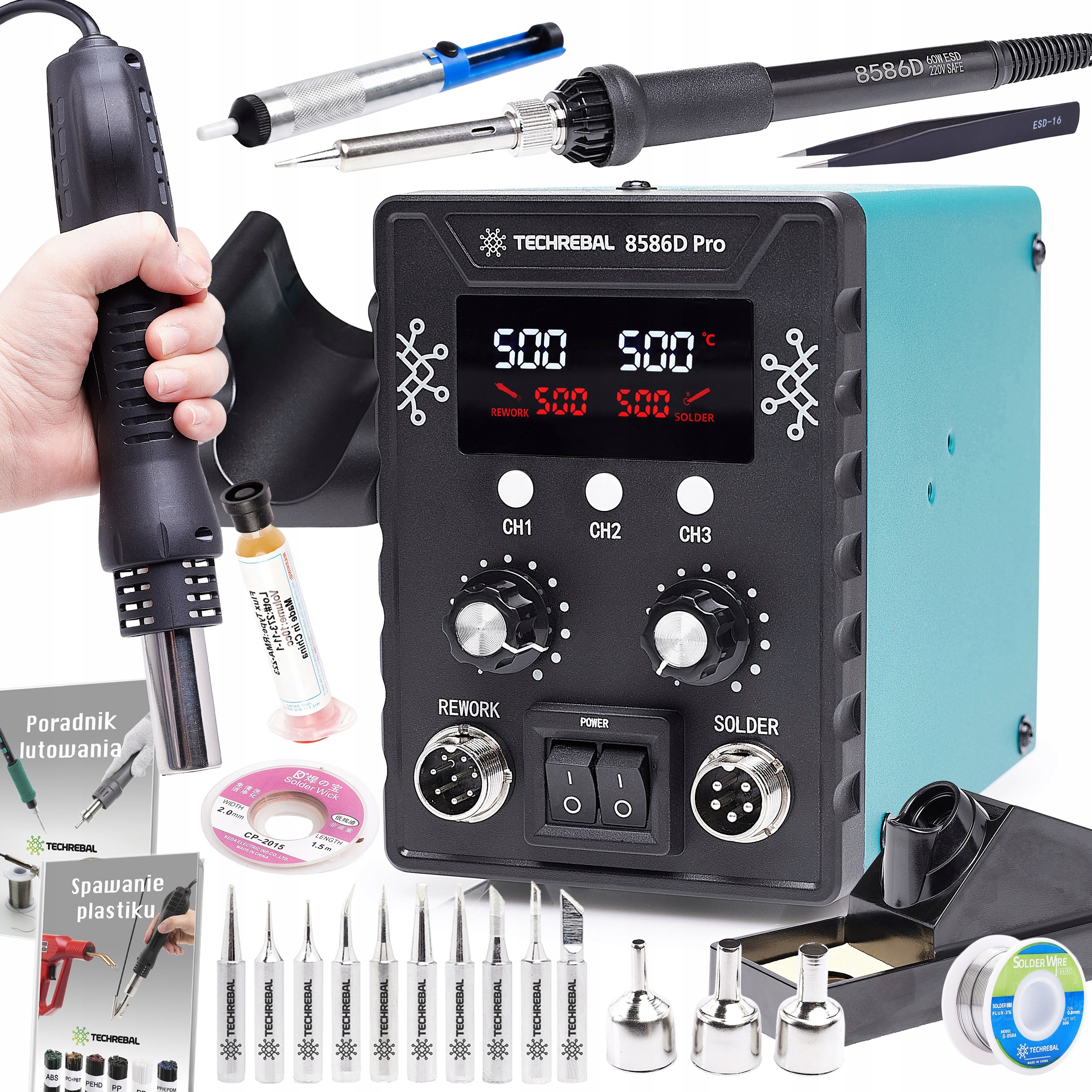 Pájecí stanice 2v1 Techrebal 8586D Pro 760W Hot Air s příslušenstvím