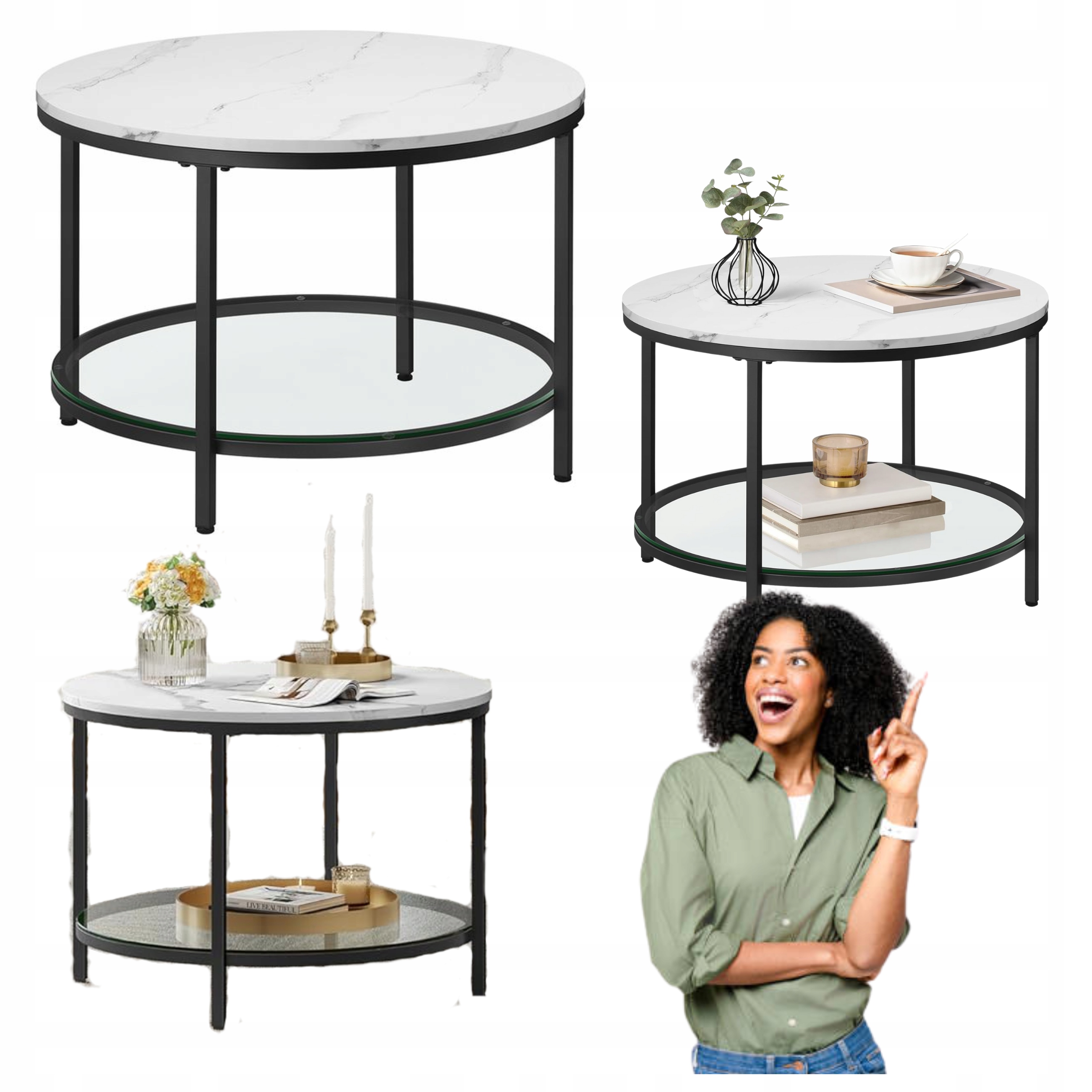 Konferenčný Stolík Okrúhly s poličkou Biely Mramor Kovová lavica do obývačky Glamour