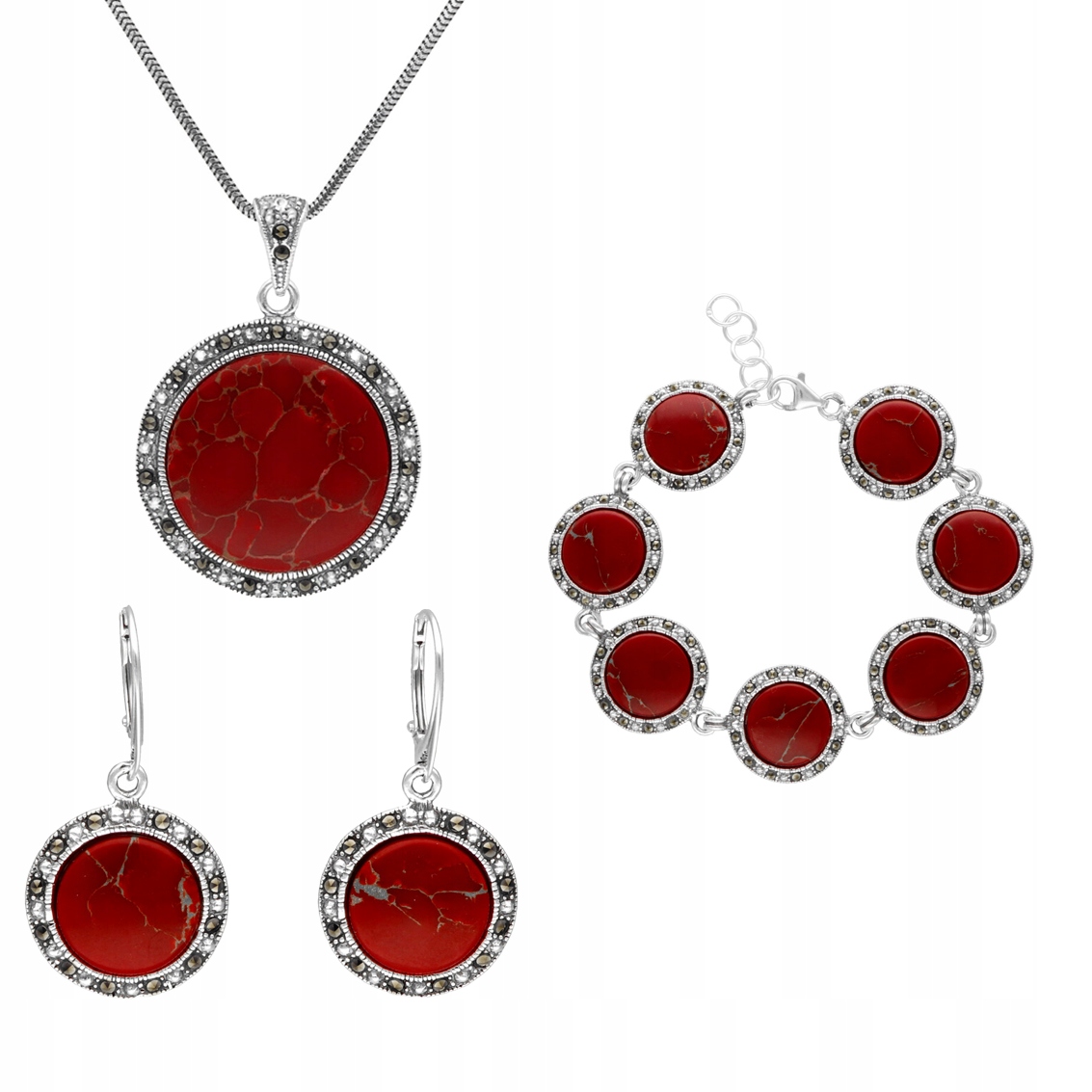 Stříbrný komplet s korálem se zlatou nití a markýzami