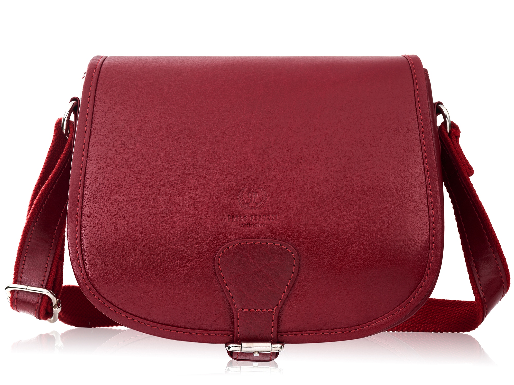 Elegantní dámská kožená kabelka přes rameno ve stylu vintage, půlkruhová, červená