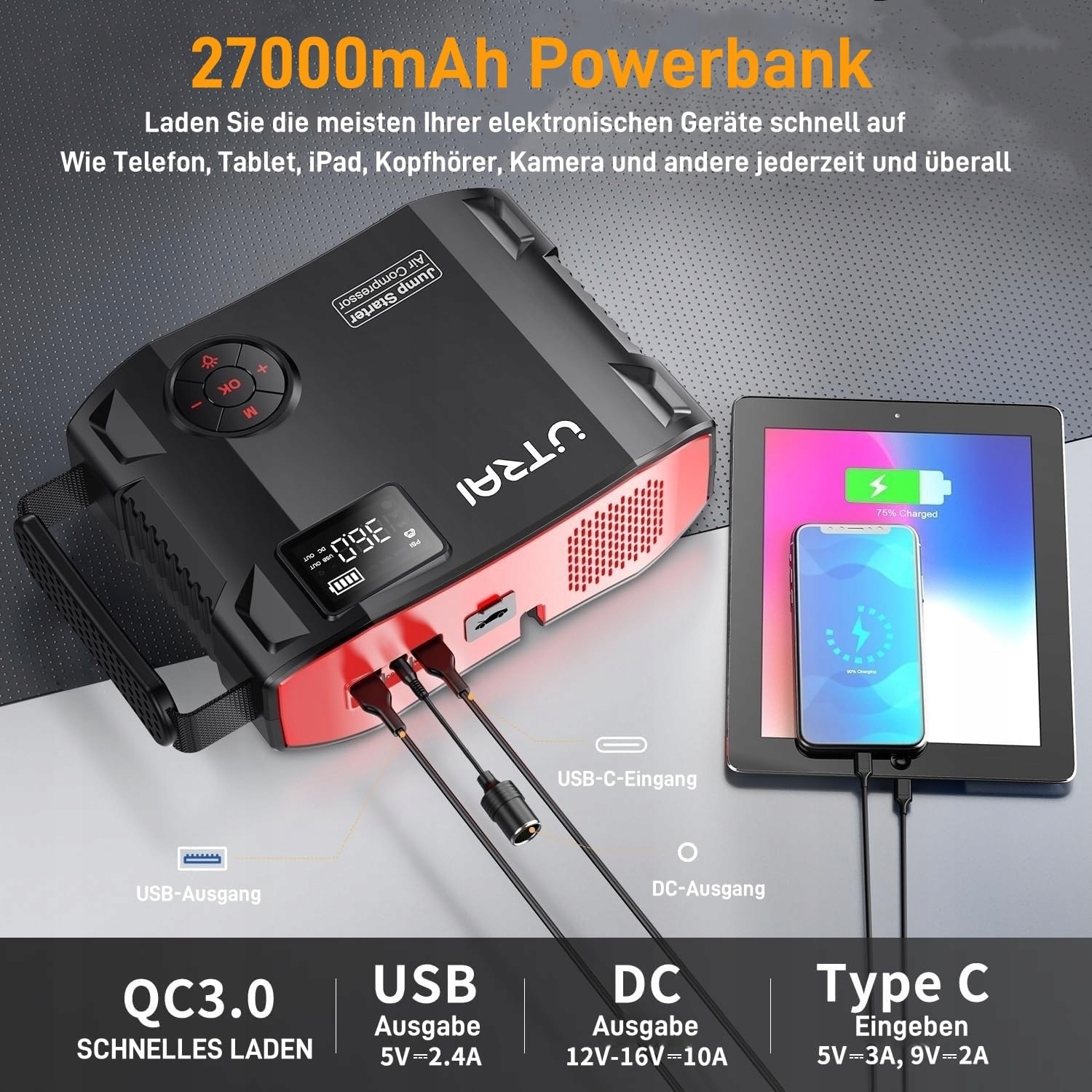 UTRAI Powerbank 7000A 27000mAh z Kompresorem i Latarką LED 1600 Lumen — miniatura 6