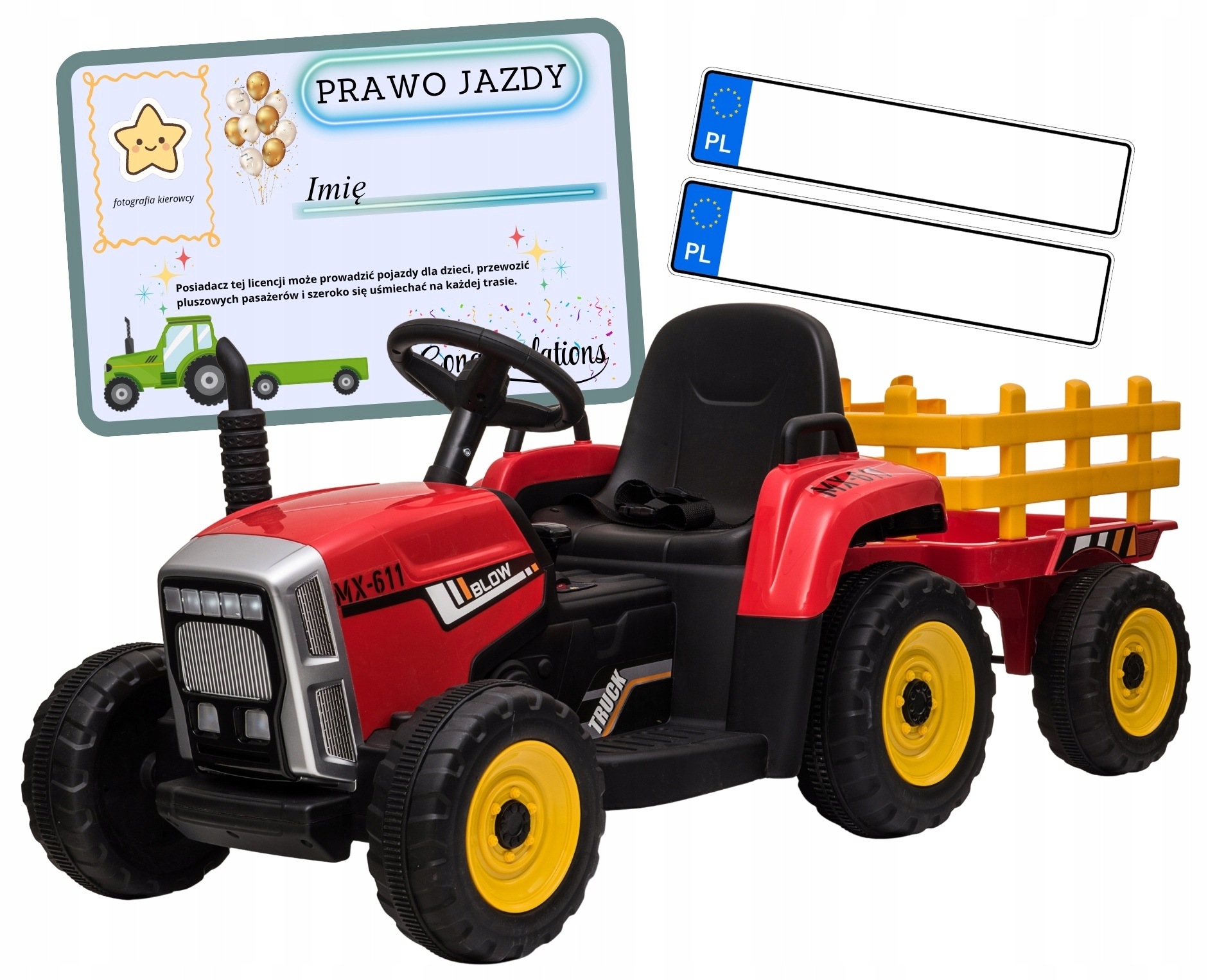 Traktor na akumulator z przyczepką Led muzyka dla dziecka czerwony