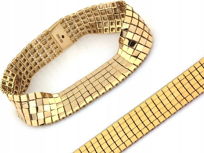 Efektní zlatý náramek 585, módní, široký, z malých čtverečků r19 14kt