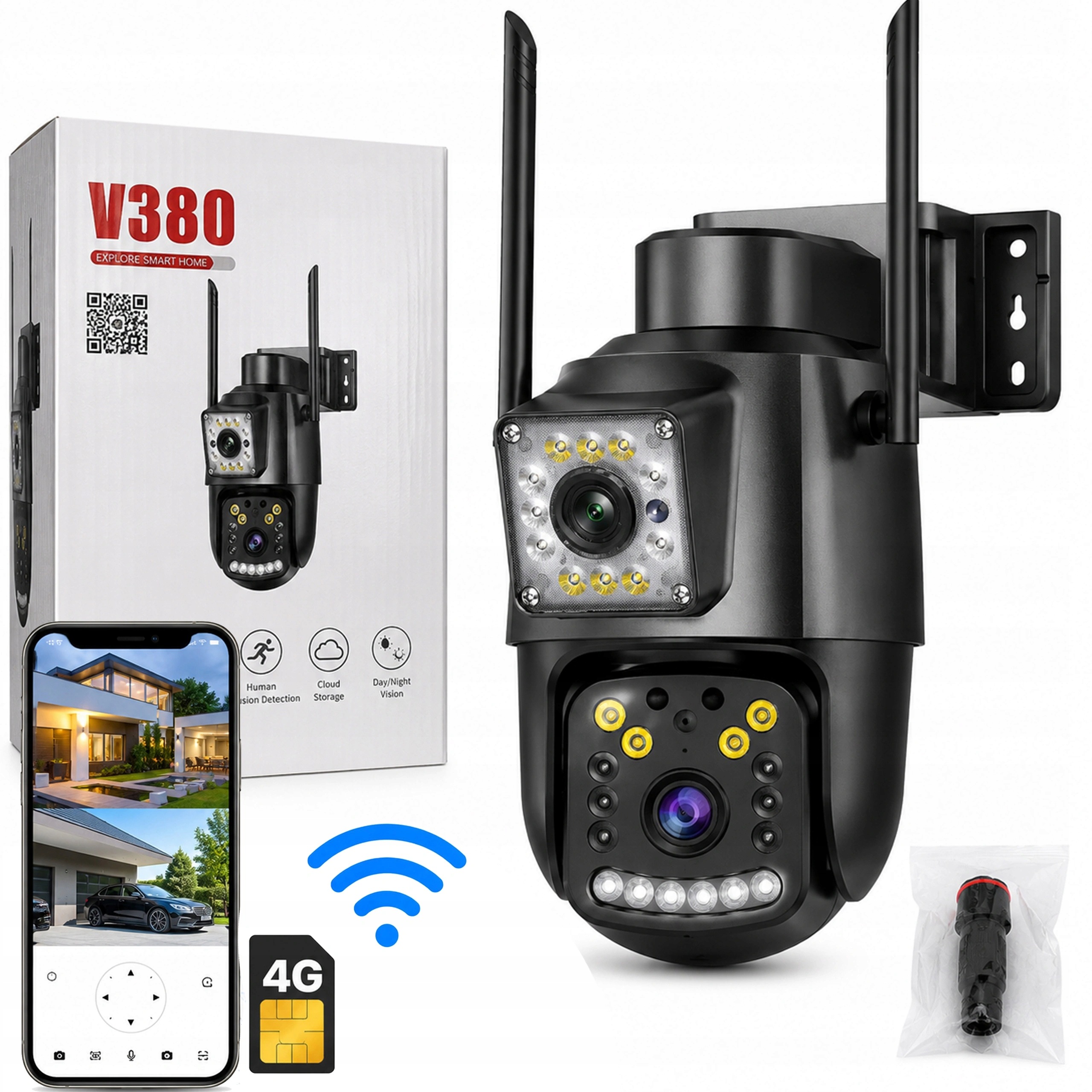 Otočná kamera Dual Lens WiFi 4G Lte V380 2 Objektivy Detekce člověka