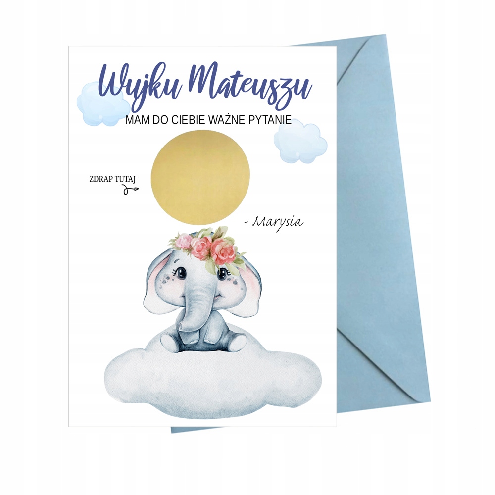 ZDRAPKA prośba o bycie Ojcem Chrzestnym słonik Kolor dominujący niebieski