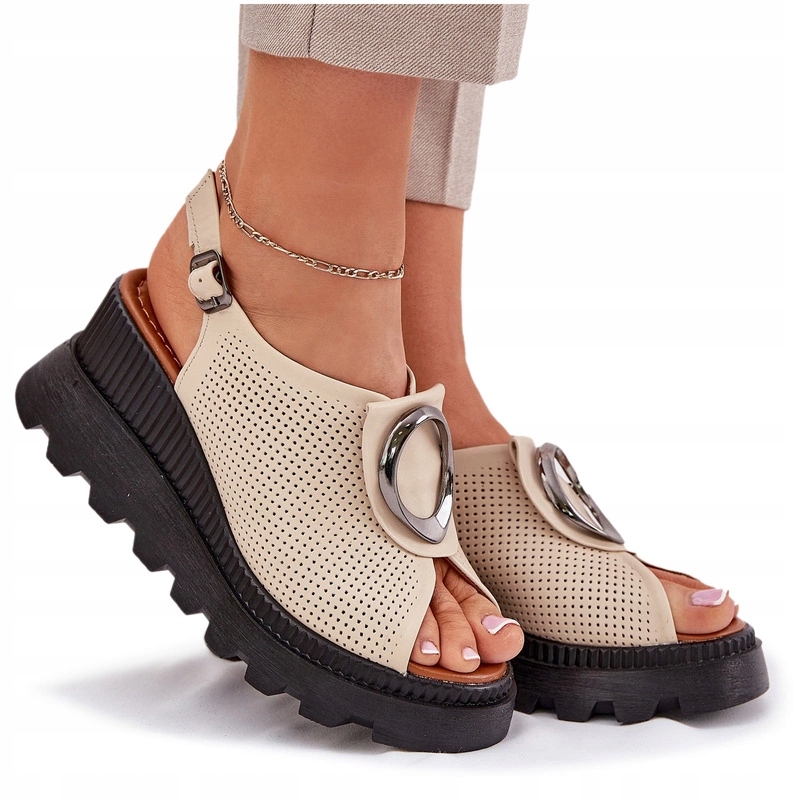 Sandály Přírodní Kůže Koturn Ozdoba Artiker 56C0111 Béžové 41