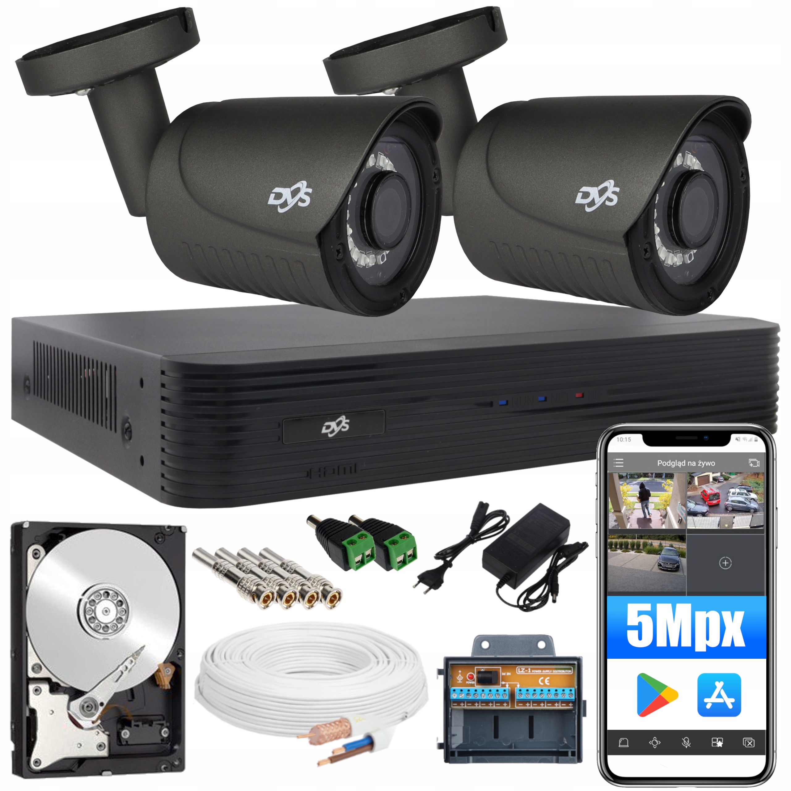 MONITORING 5 MPX 2 KAMERY SZARE APLIKACJA P2P DYSK Maksymalna pojemność dysków 6 TB