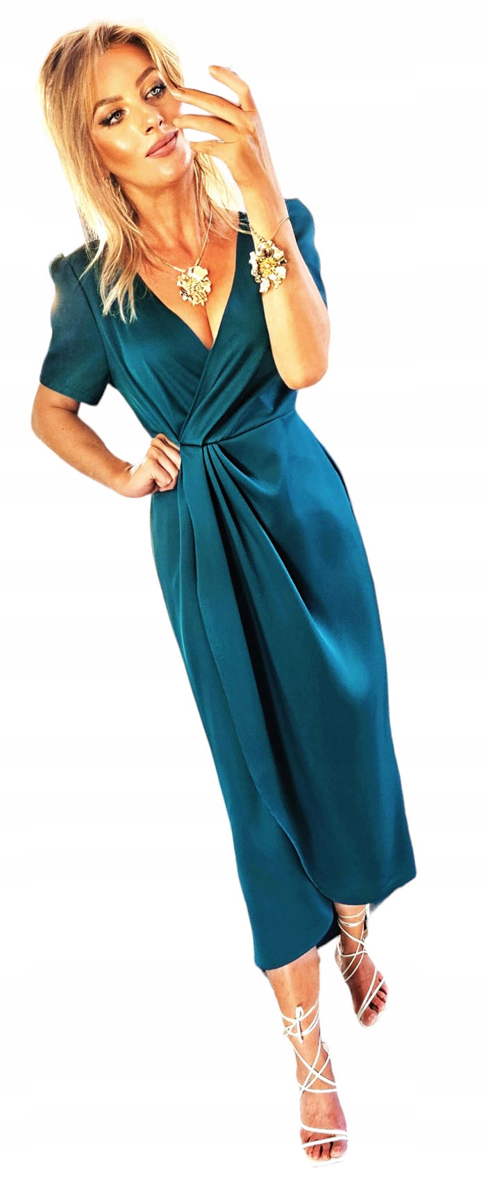 .SUKIENKA DŁUGA MORSKA ELEGANCKA NA WESELE IMPREZE MARSZCZONA MIDI