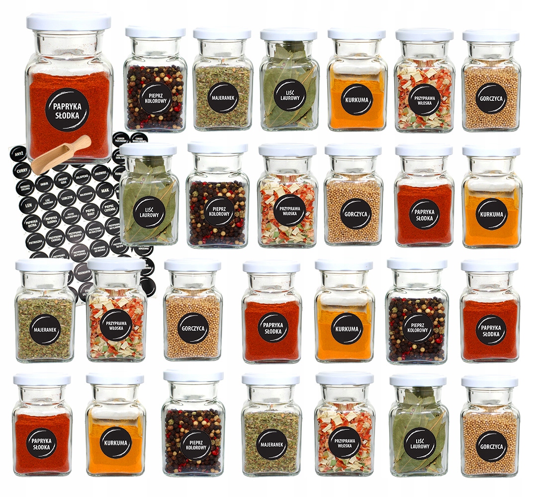 Sklenice na koření 150 ml x 27 ks s bílým uzávěrem a 90 etiketami