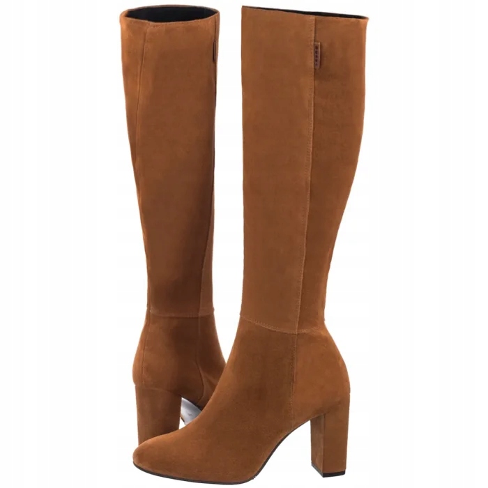 Dámské elegantní kozačky Nessi Camel Leather Velur 911/N Hnědé