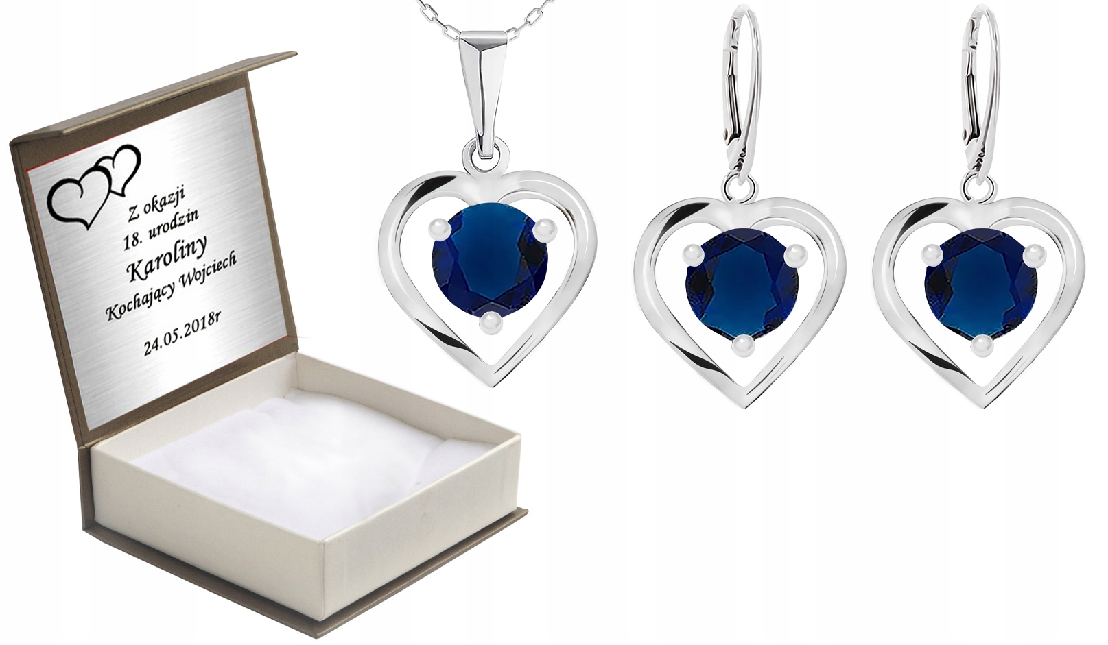 

Komplet Biżuterii Serca Z Cyrkoniami + Grawer