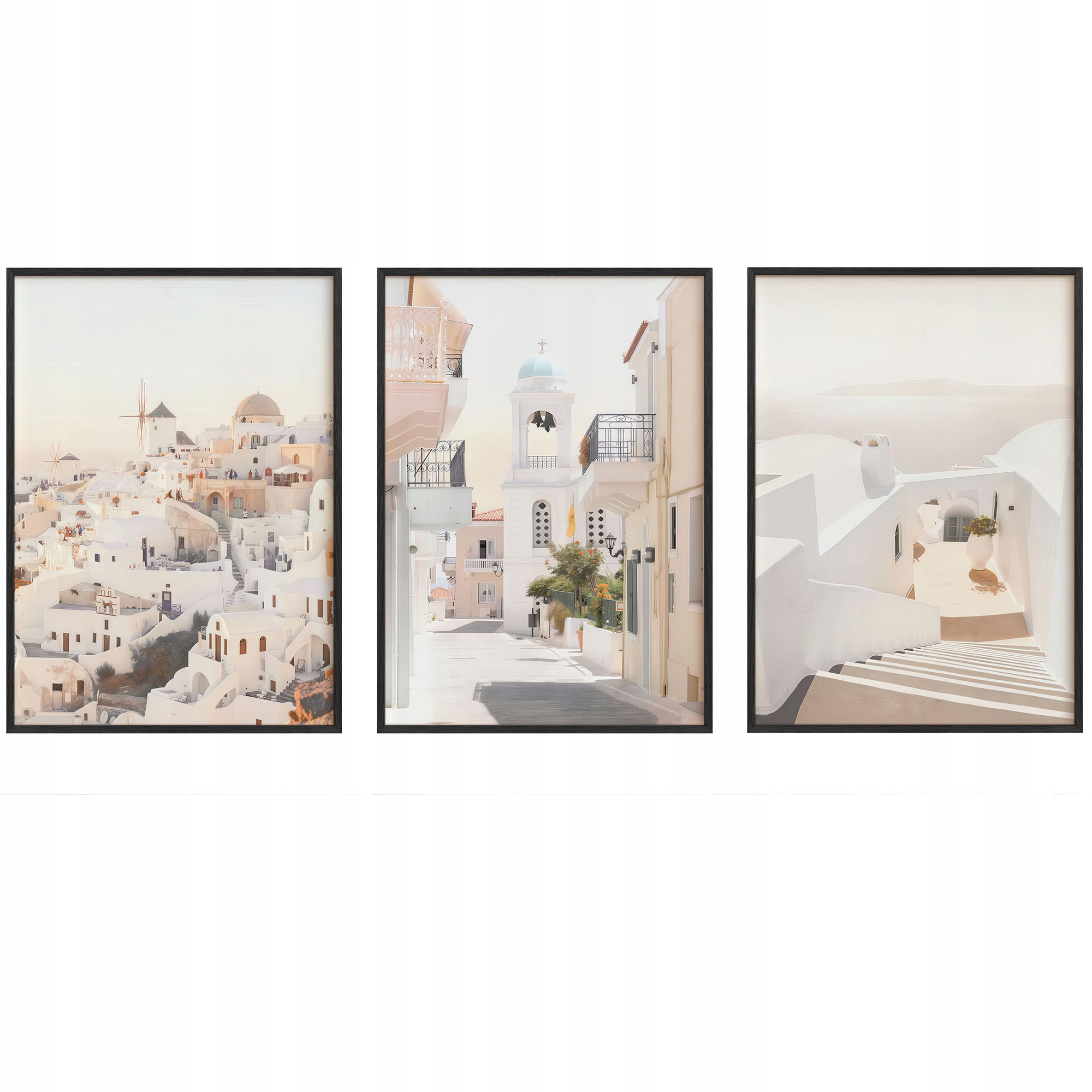 Obrazy Santorini Biele Domy Plagáty Drevené rámy Čierne 3ks 30x42 cm