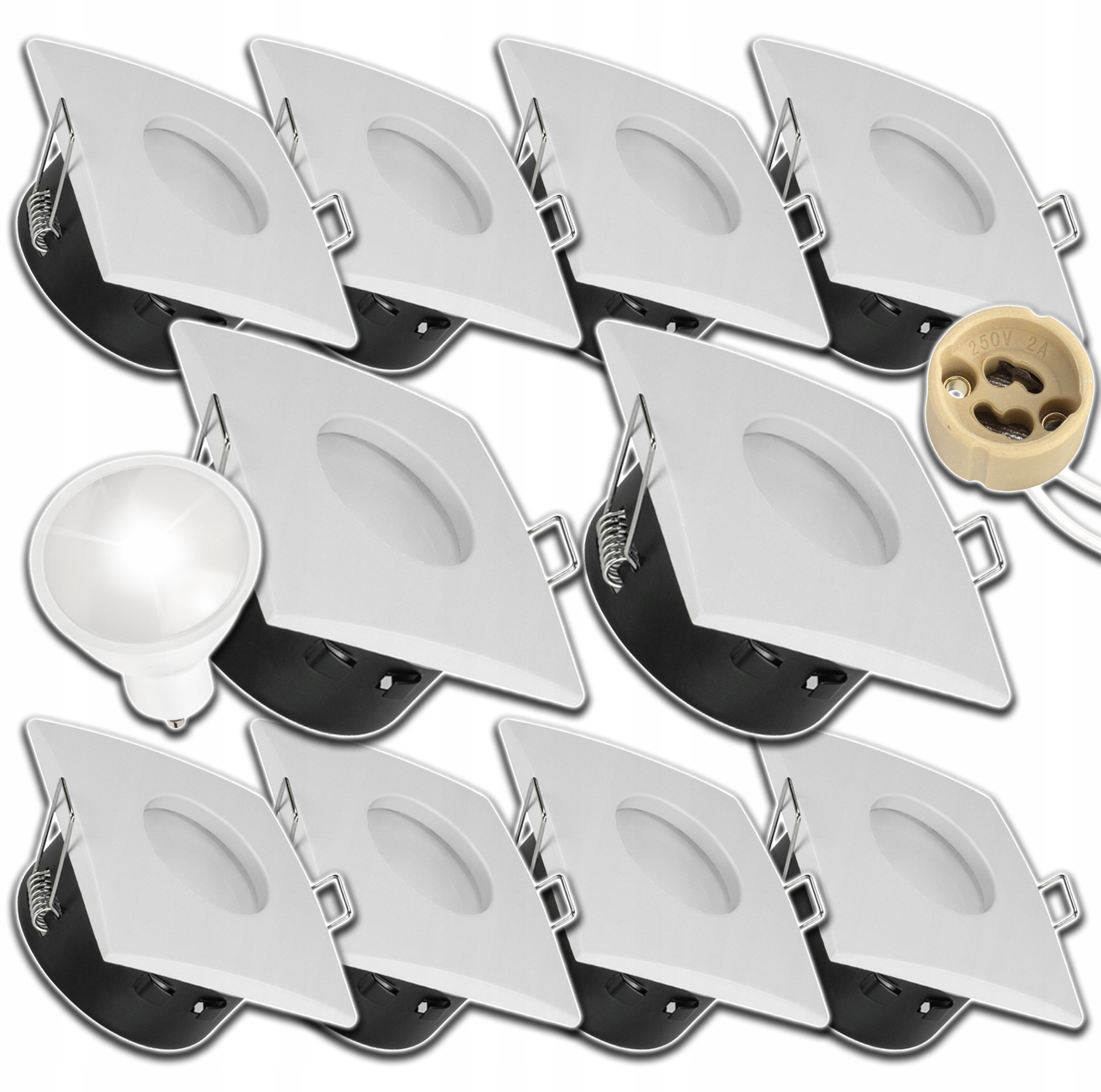 10x Čtvercová Stropní Objímka Bílá IP64 Hermetická+žárovka GU10 1,5W