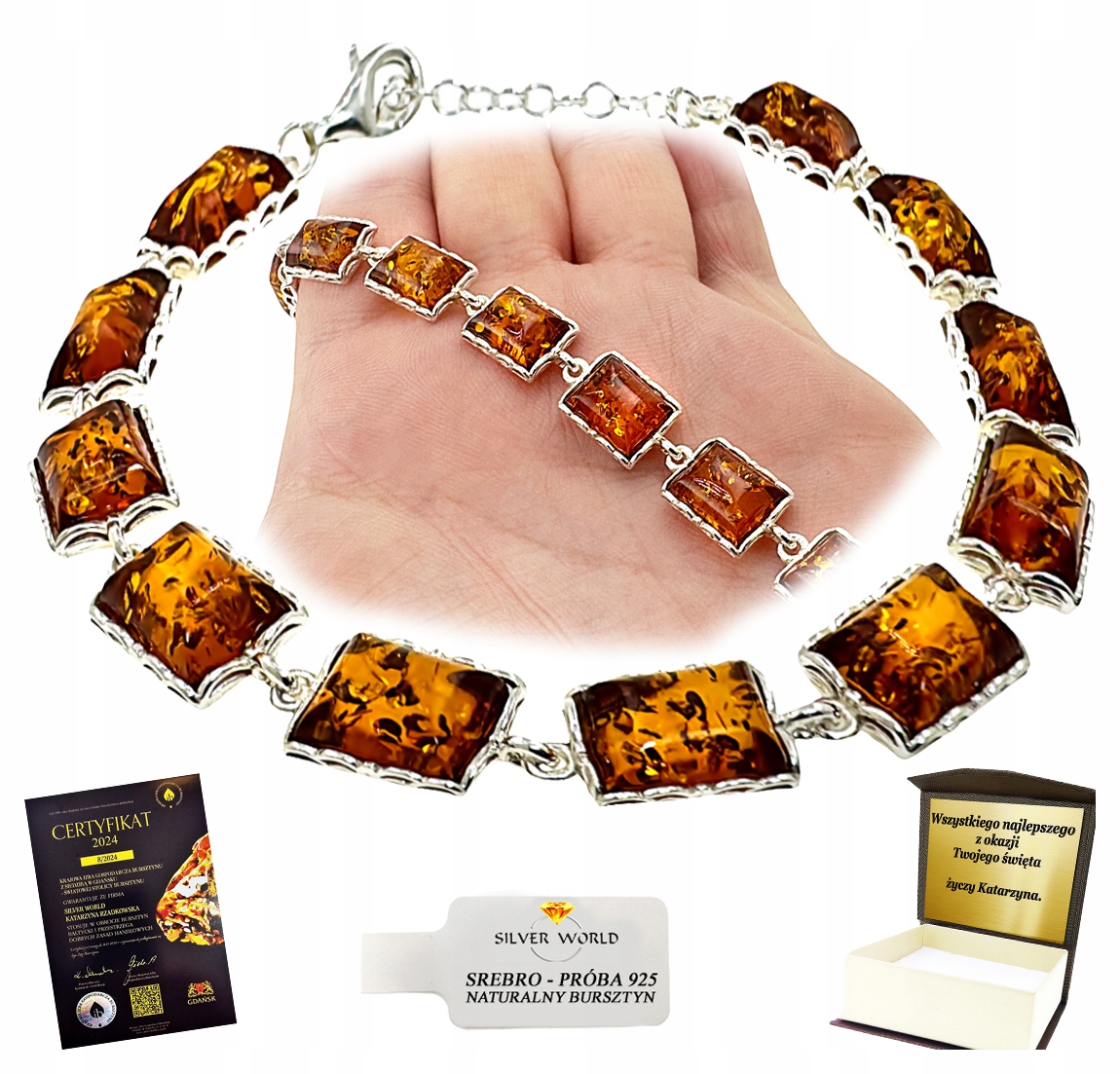 Stříbrný Náramek S Jantarovou (koňaková) Gravírování Bonus .BB6