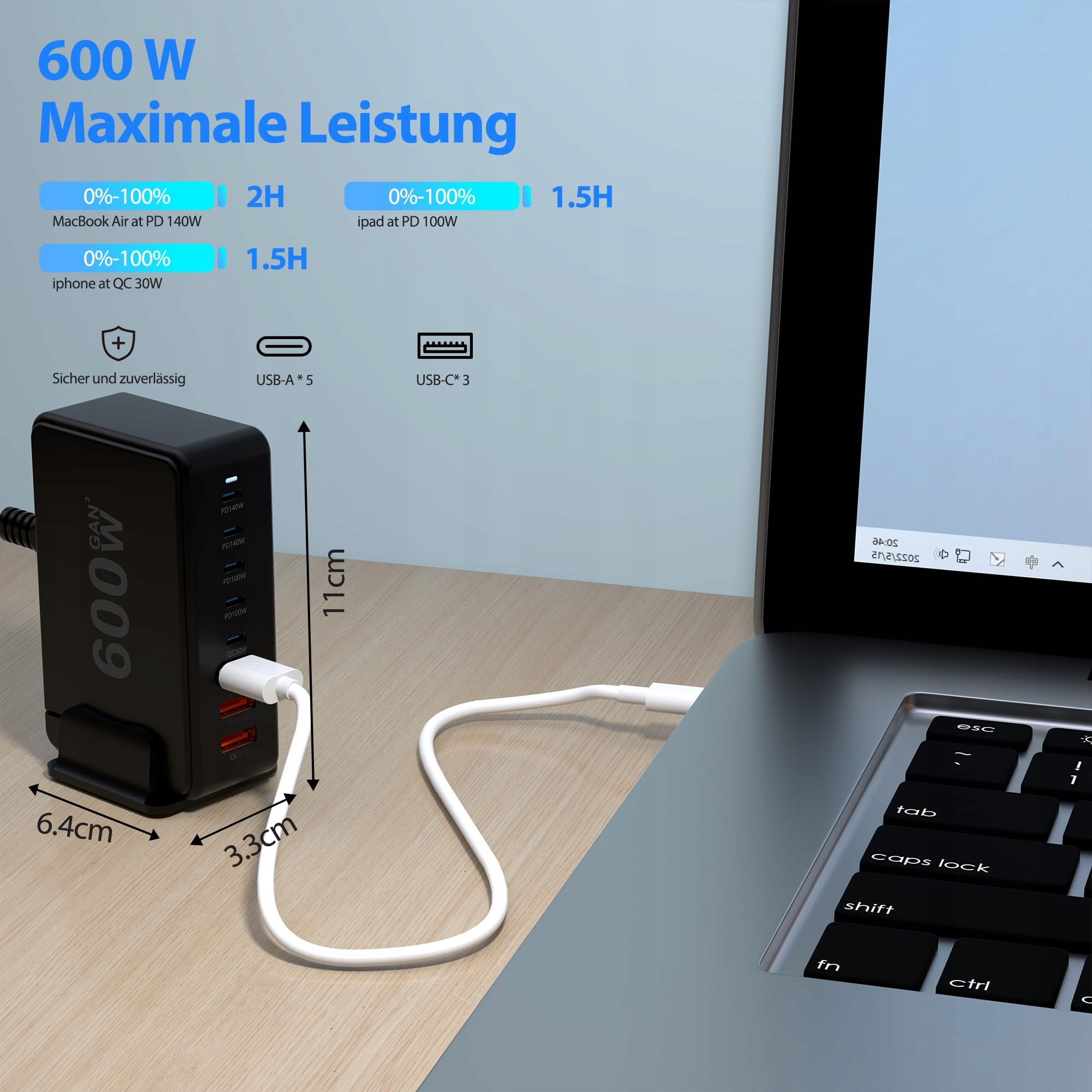 USB C ŁADOWARKA 600W 8-Portowy Adapter Szybkie Ładowanie PD 30 — miniatura 3