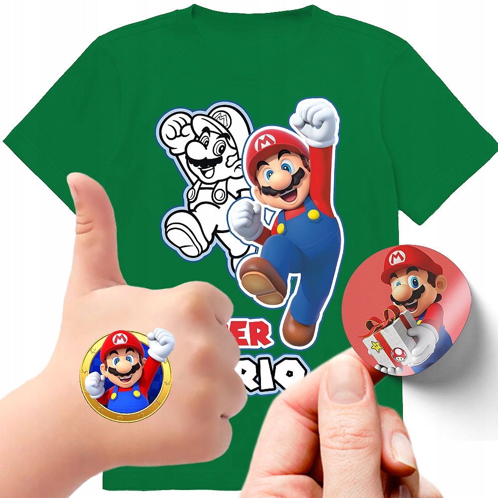 ZESTAW 3W1 KOSZULKA DLA DZIECI TATUAŻE NAKLEJKI SUPER MARIO BROS 152 JAKOŚĆ