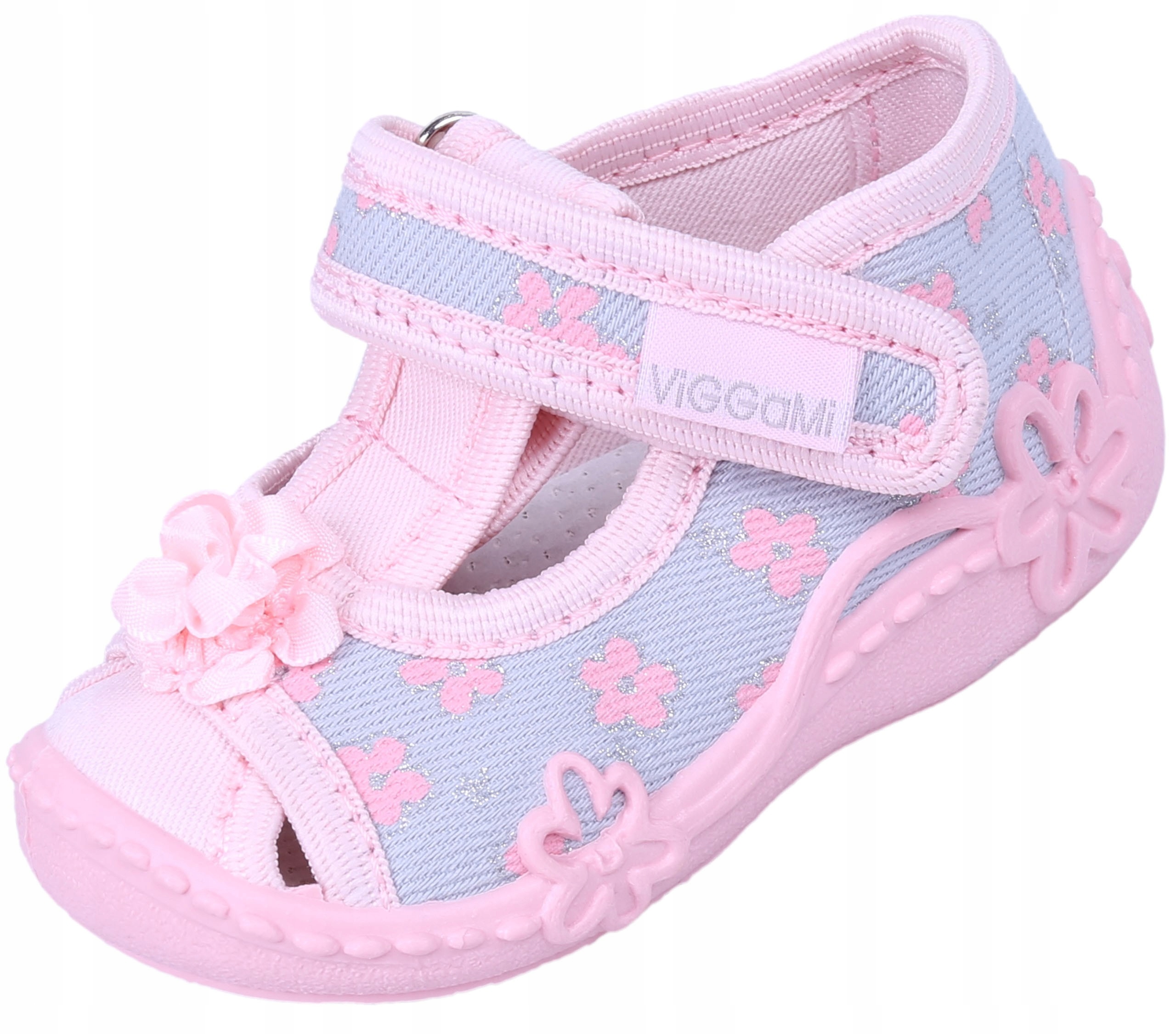 

Różowo-szare sandałki, kapcie w kwiaty Mrysia