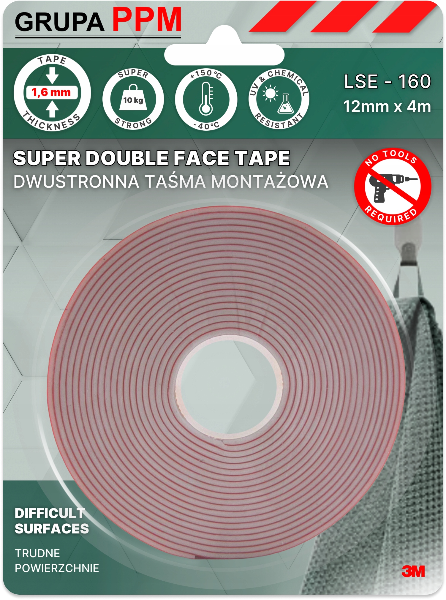 PPM 3M LSE-160 12MMX4M TAŚMA MONTAŻOWA 1,6MM BIAŁA TRUDNE POWIERZCHNIE