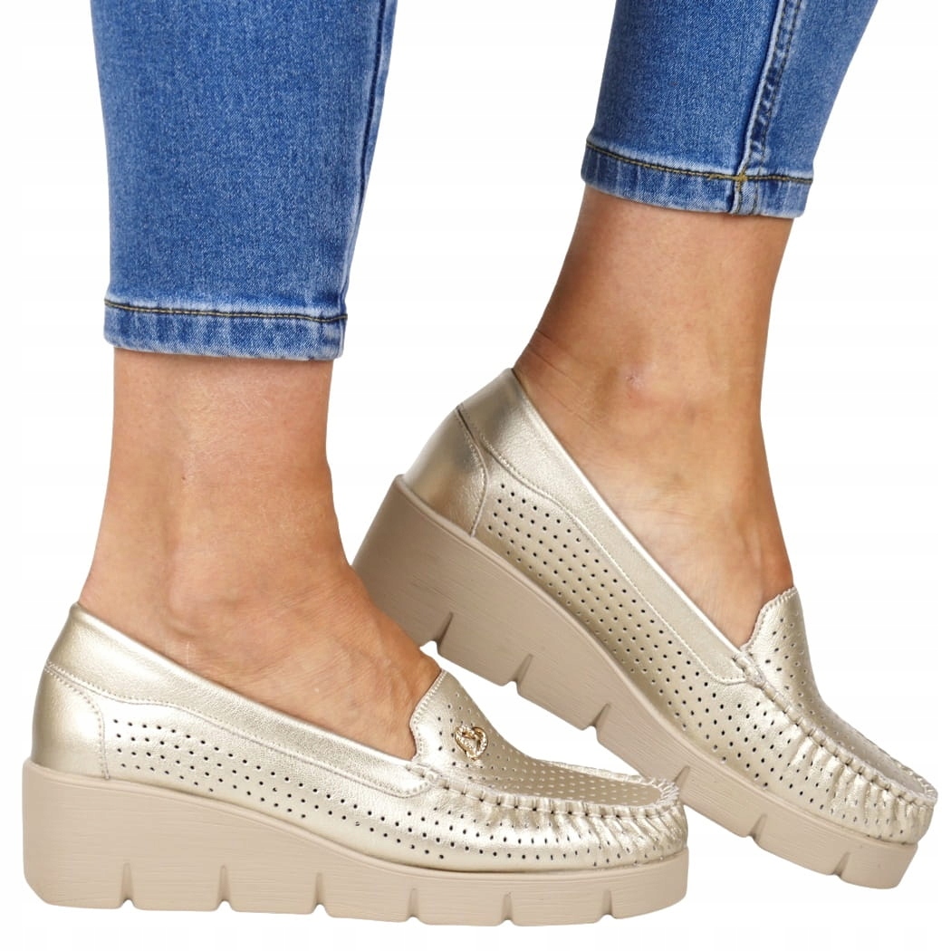 Dámské boty Mokasíny Polobotky Na Koturně Kožené Ažurové Zlaté Nazouvací