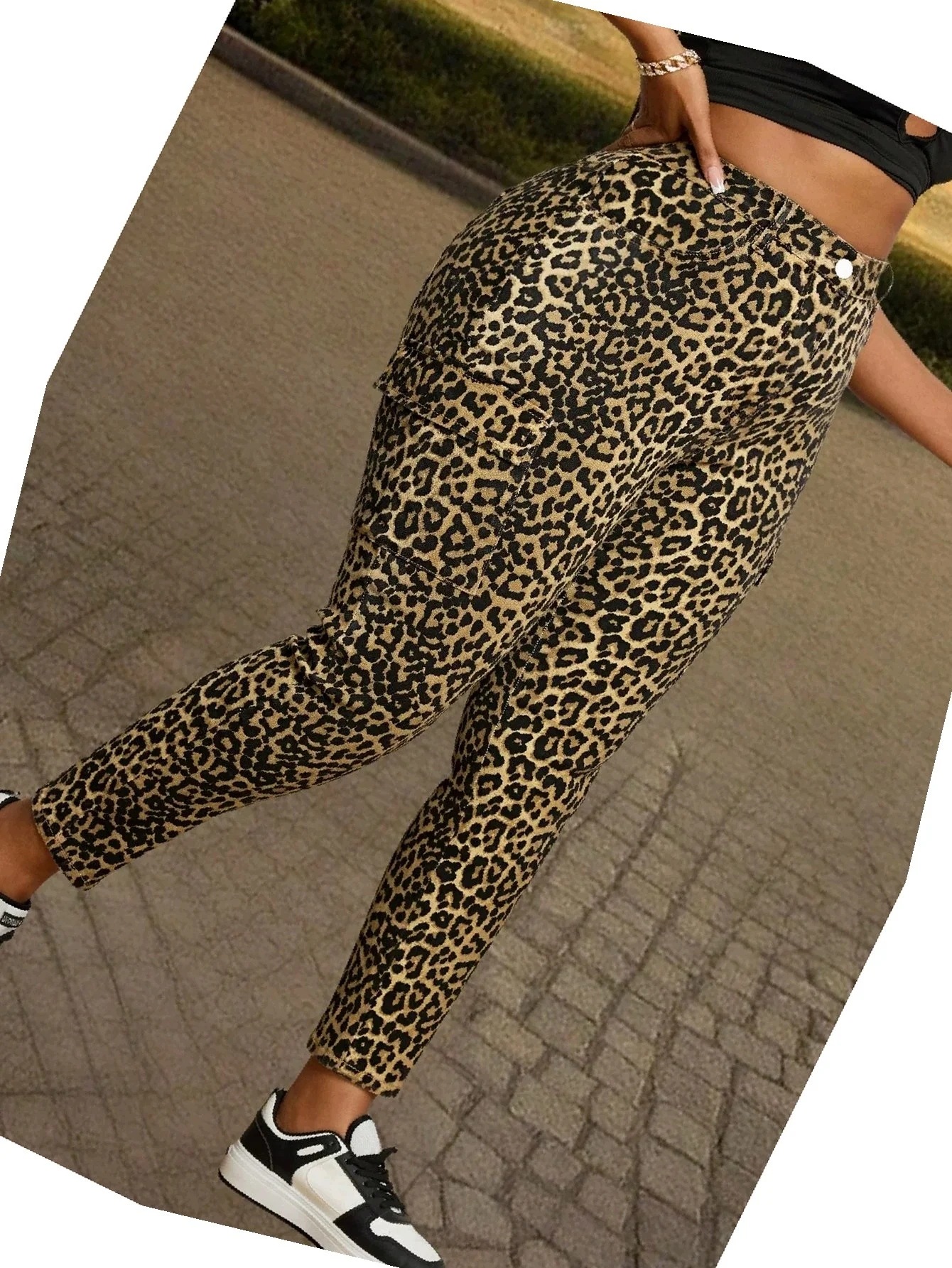 Dámské kalhoty s kapsami Leopard Vysoký stav Skinny Béžové Módní 3XL 46