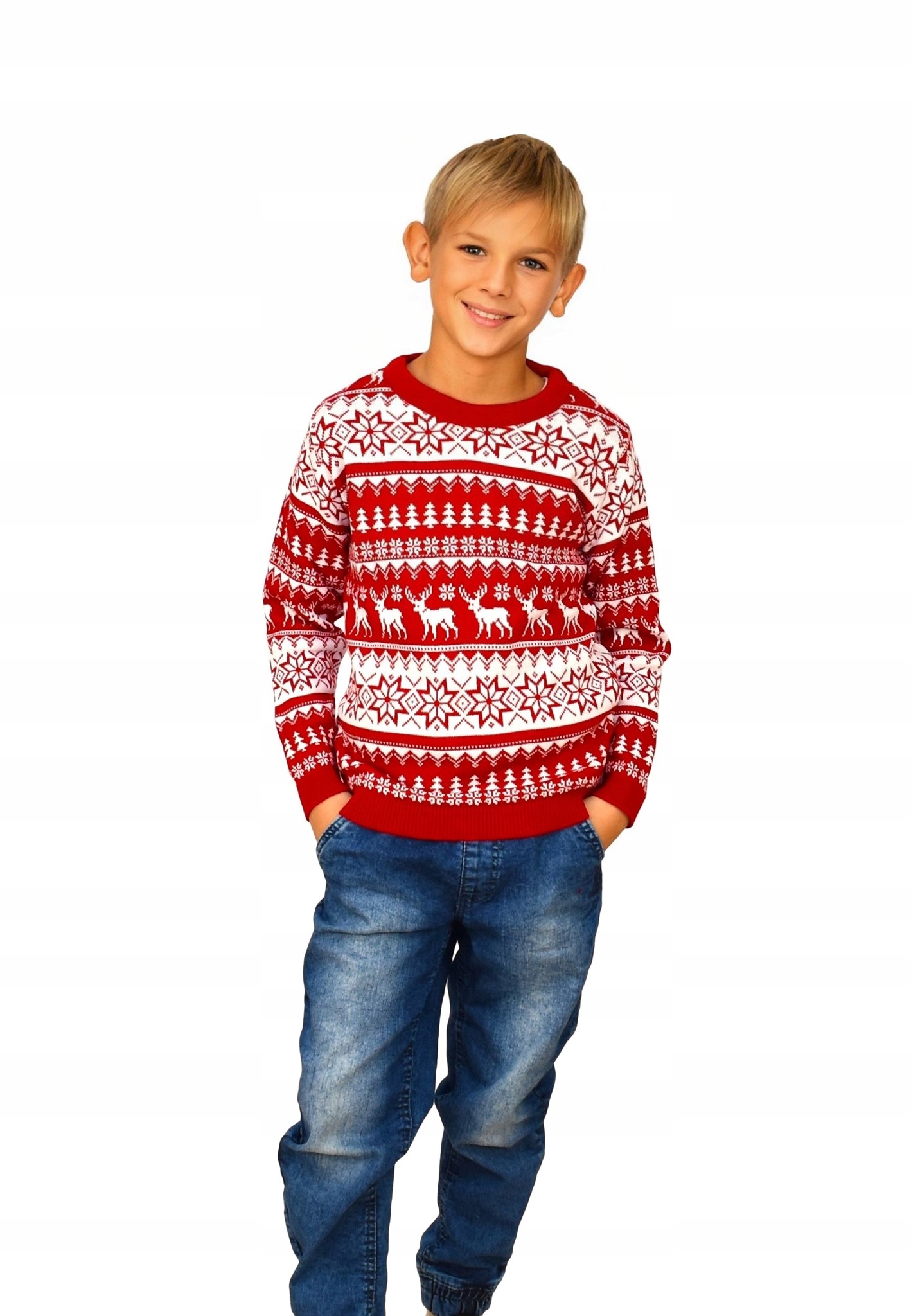 CZERWONY ŚWIĄTECZNY SWETER NORWESKI W ŚWIĄTECZNE DLA DZIECKA RENIFERY 9/10y Rodzaj wkładany przez głowę