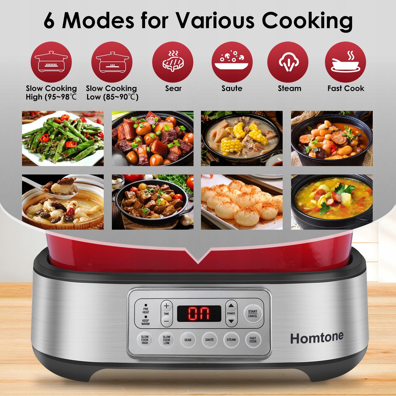 HOMTONE Wolnowar 6w1 5,5L Programowalny Multicooker Ceramika Czerwony — miniatura 2